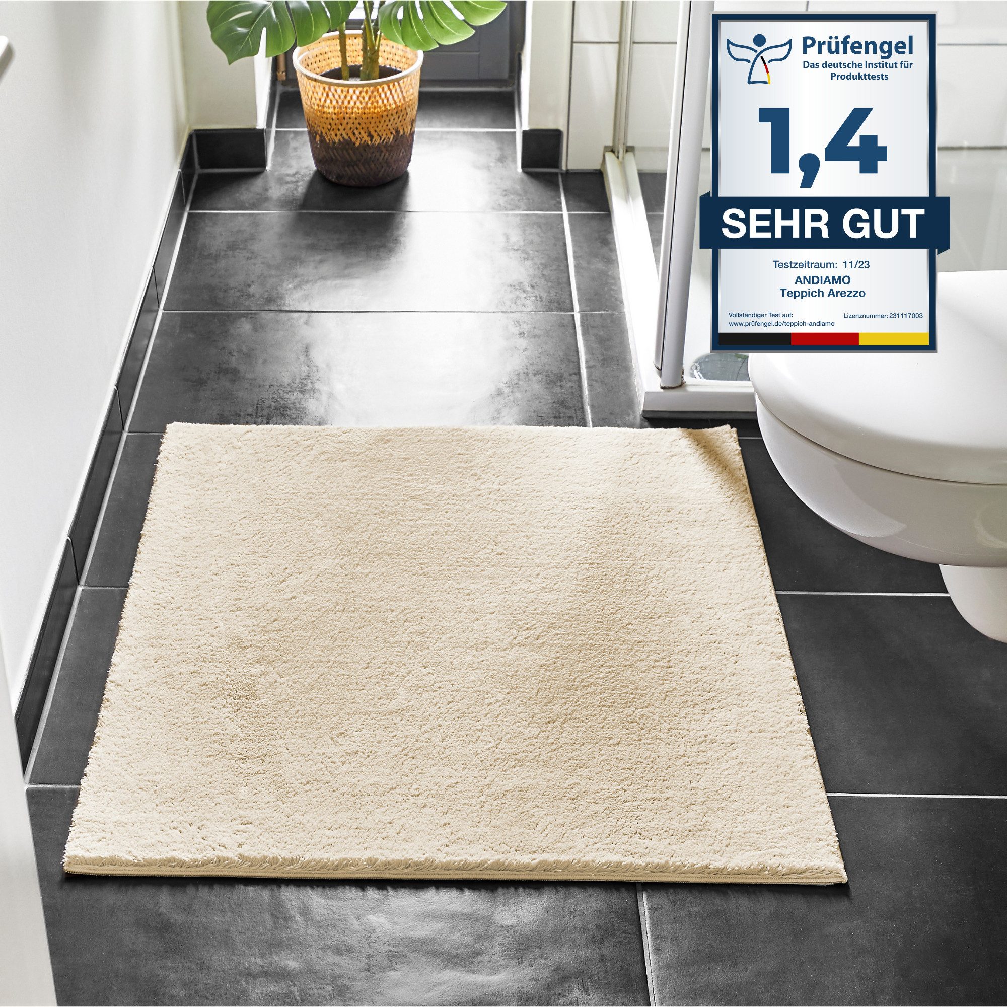 Andiamo Badematte Arezzo, Badvorleger, Badezimmer Teppich, Duschvorleger, Höhe 16 mm, rutschhemmend beschichtet, schnell trocknend, fußbodenheizungsgeeignet, Polyester, quadratisch, Uni Farben, weich & kuschelig, auch in rund & als 2er Set erhältlich