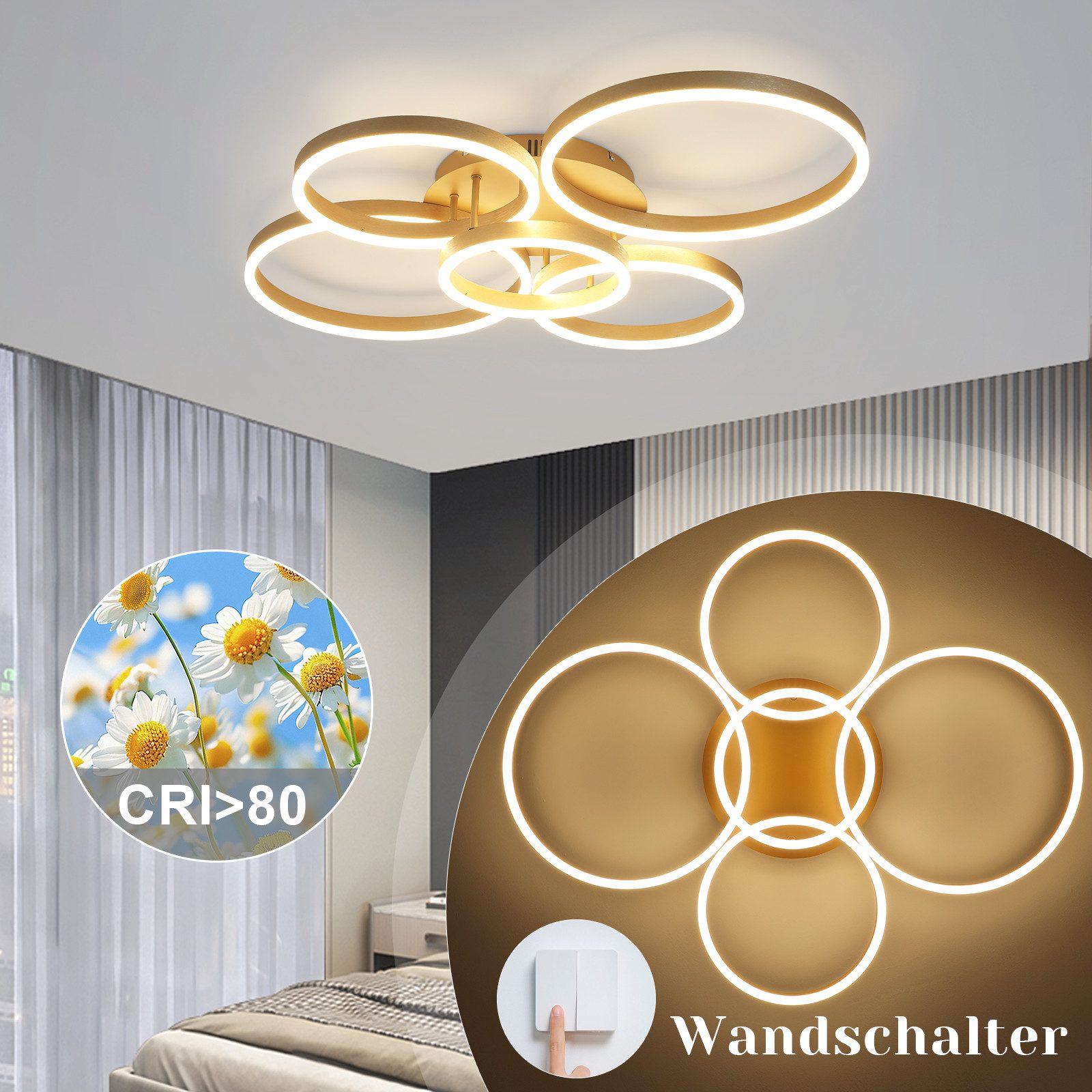 Nettlife LED Deckenleuchte Dimmbar Wohnzimmer Gold 2 Ring 46W 59CM Modern, Dimmbar mit Fernbedienung, LED fest integriert, Geeignet für Wohnzimmer, Schlafzimmer, Küche, Esszimmer, Büro