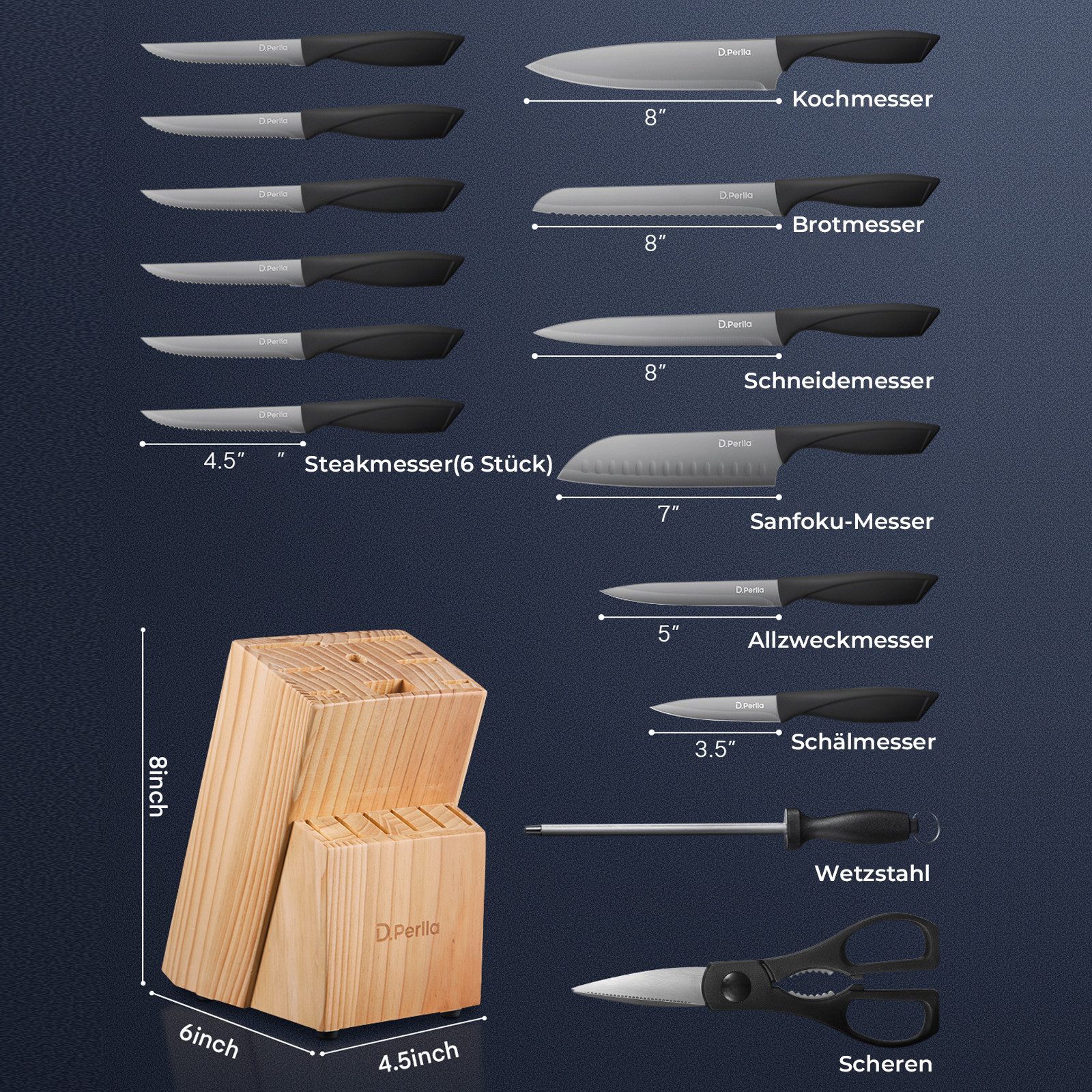 D.Perlla Messer-Set 15-teiliges Messerset mit Block, BO Oxidations-Messerset aus Edelstahl (Set, 15-tlg), ergonomische PP-Griffe, professionelle Satinierung