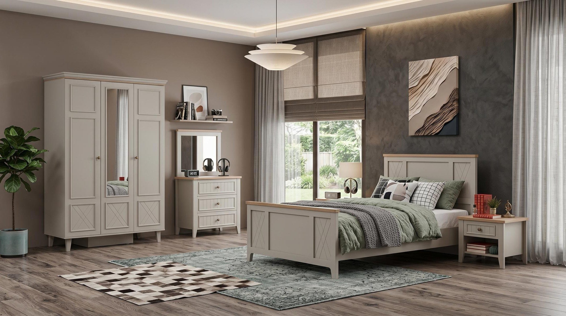 Xlmoebel Kleiderschrank Beiges modernes Jugendzimmer Bett Kleiderschrank Kommode Nachttische (Jugendzimmer-Set, 5-St., 5-tlg)