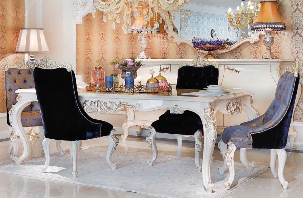 Casa Padrino Esszimmer-Set Luxus Barock Esszimmer Set Blau / Weiß / Gold - 1 Esstisch & 6 Esszimmerstühle - Prunkvolle Esszimmermöbel im Barockstil - Luxus Qualität