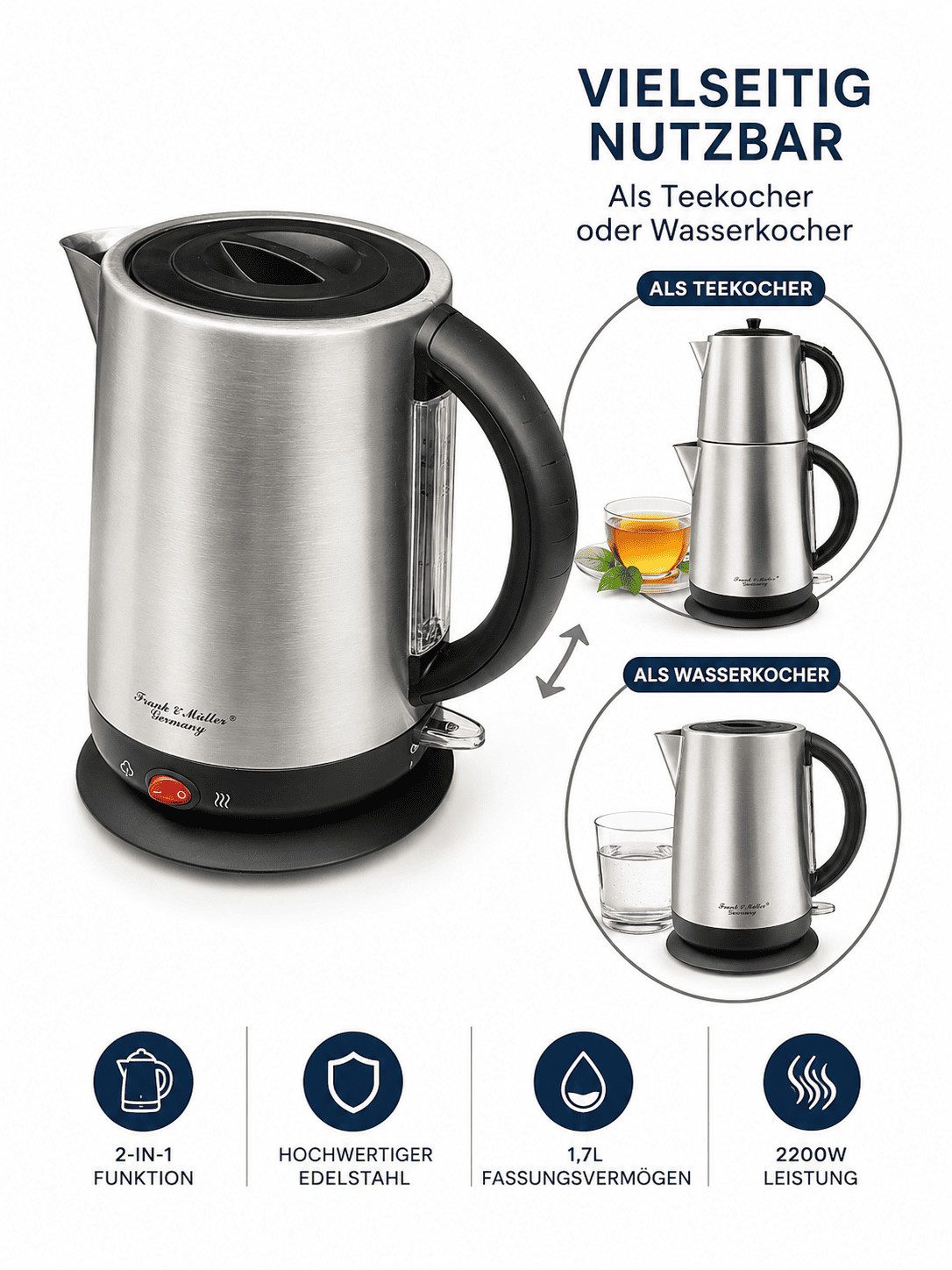 Frank & Müller Germany Teekocher F&M Elek. Teekocher 2200W Edelstahl, 2200 W