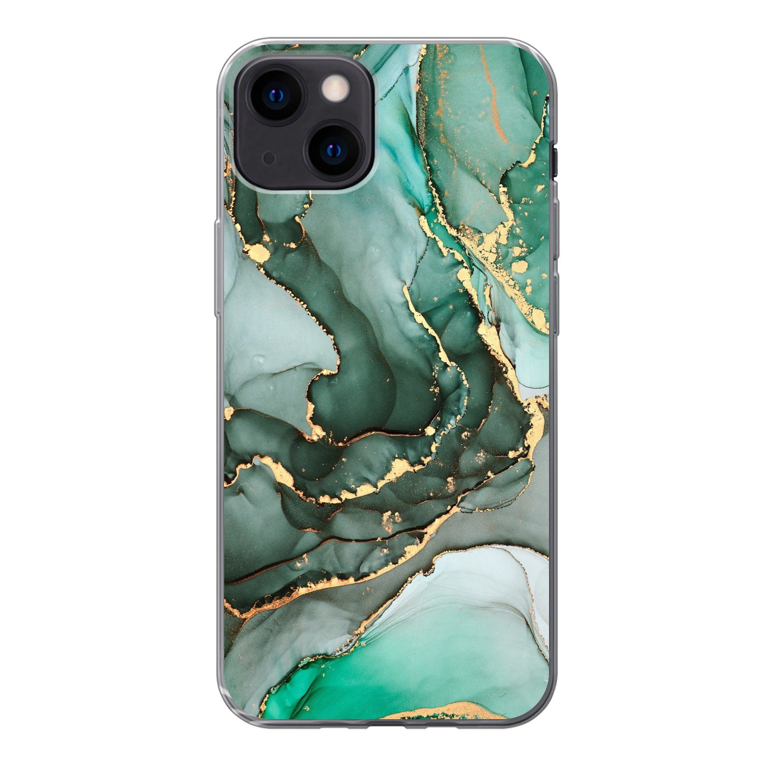 MuchoWow Handyhülle für Apple iPhone 13 Gold - Marmor - Grün - Luxus - Marmoroptik - Grau, Smartphone-Bumper, Print, Handy Schutzhülle Dünn