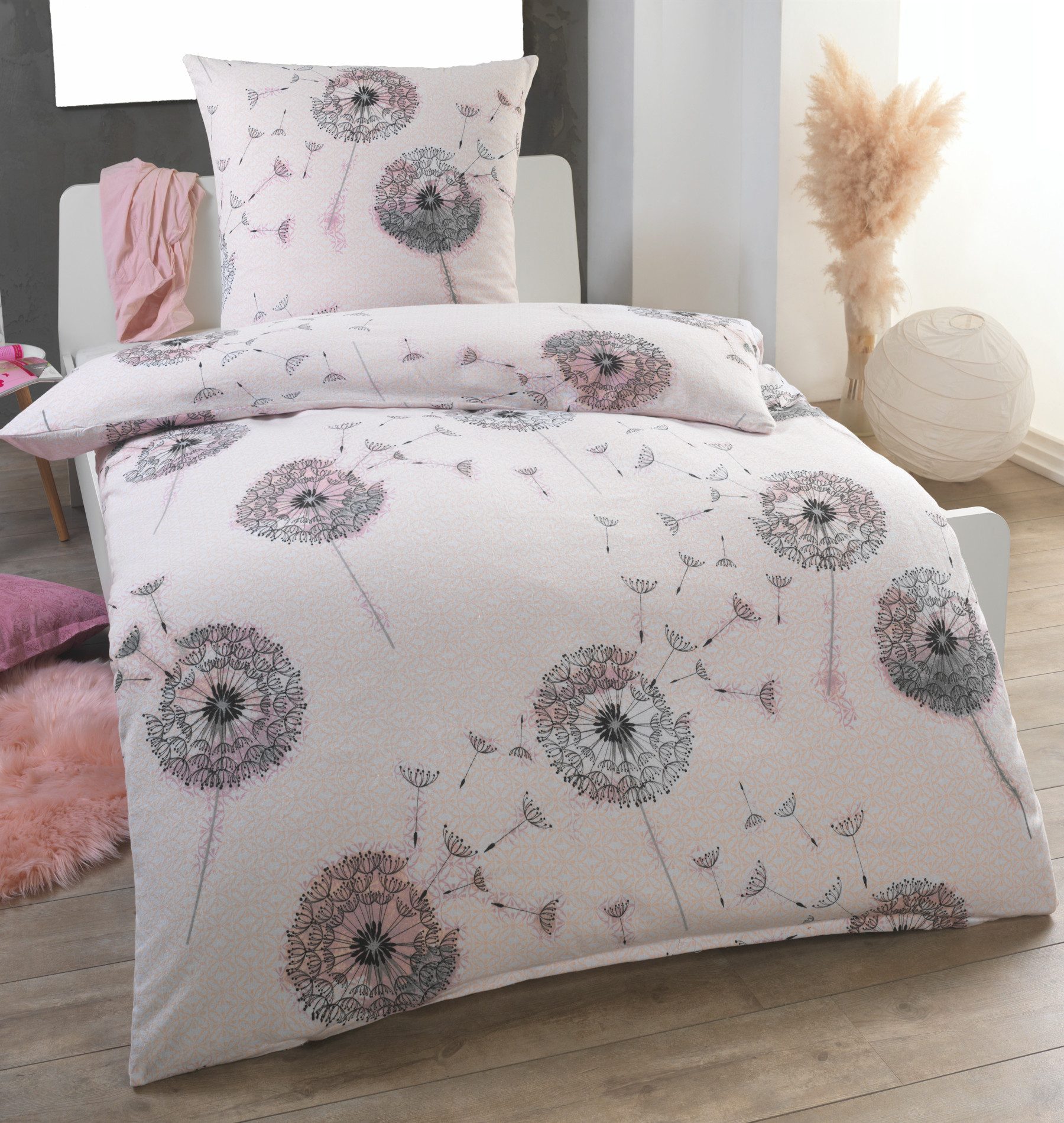Dreamhome Bettwäsche aus 100 % Baumwolle, 155x220 + 80x80 cm, Weiss, Pusteblume, Baumwolle, 2 teilig, Für Allergiker geeignet, pflegeleicht, angenehm weicher Stoff