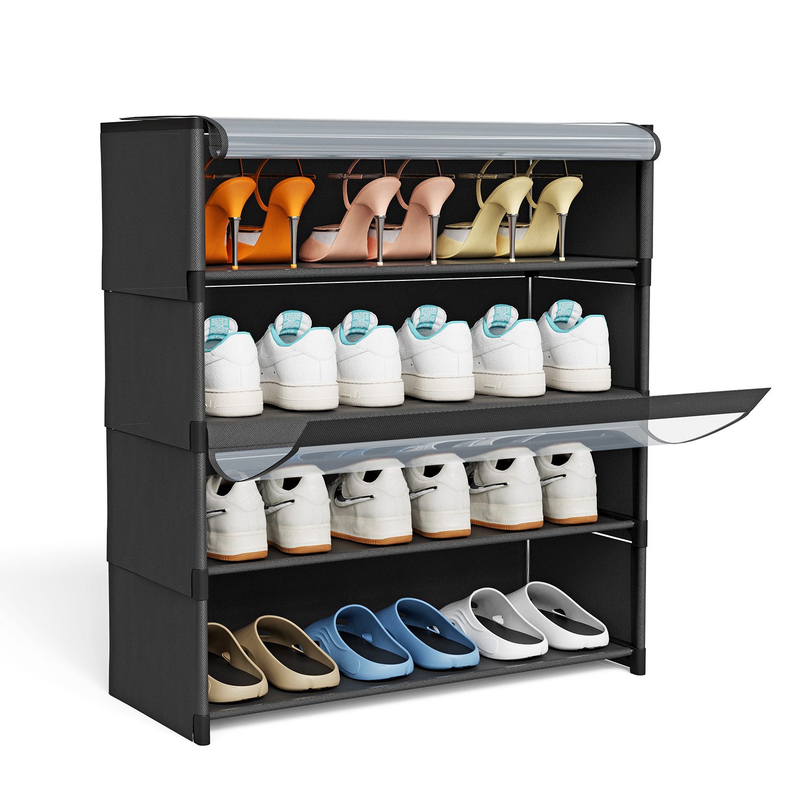 JEOBEST Schuhregal 4-stufiger Schuhschrank, mit Staubdichtem, Schuh-Organizer, Platzsparend, Schuhaufbewahrung aus Stoff, PP-Kunststoff