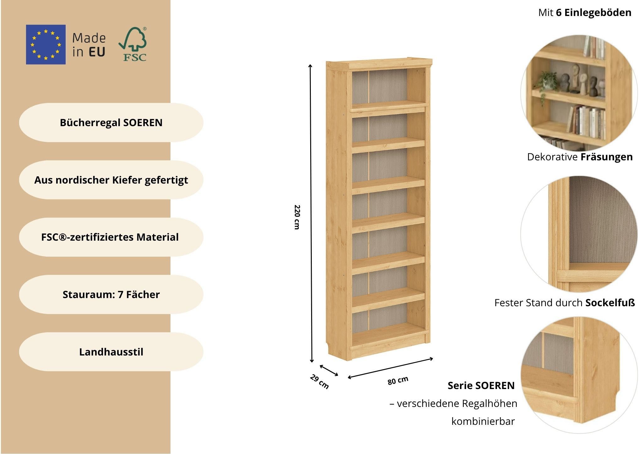 OTTO home Bücherregal Soeren Regal B/T/H: 80/29/220 cm, 7 offene Fächer, massive Kiefer, FSC®-zertifiziert