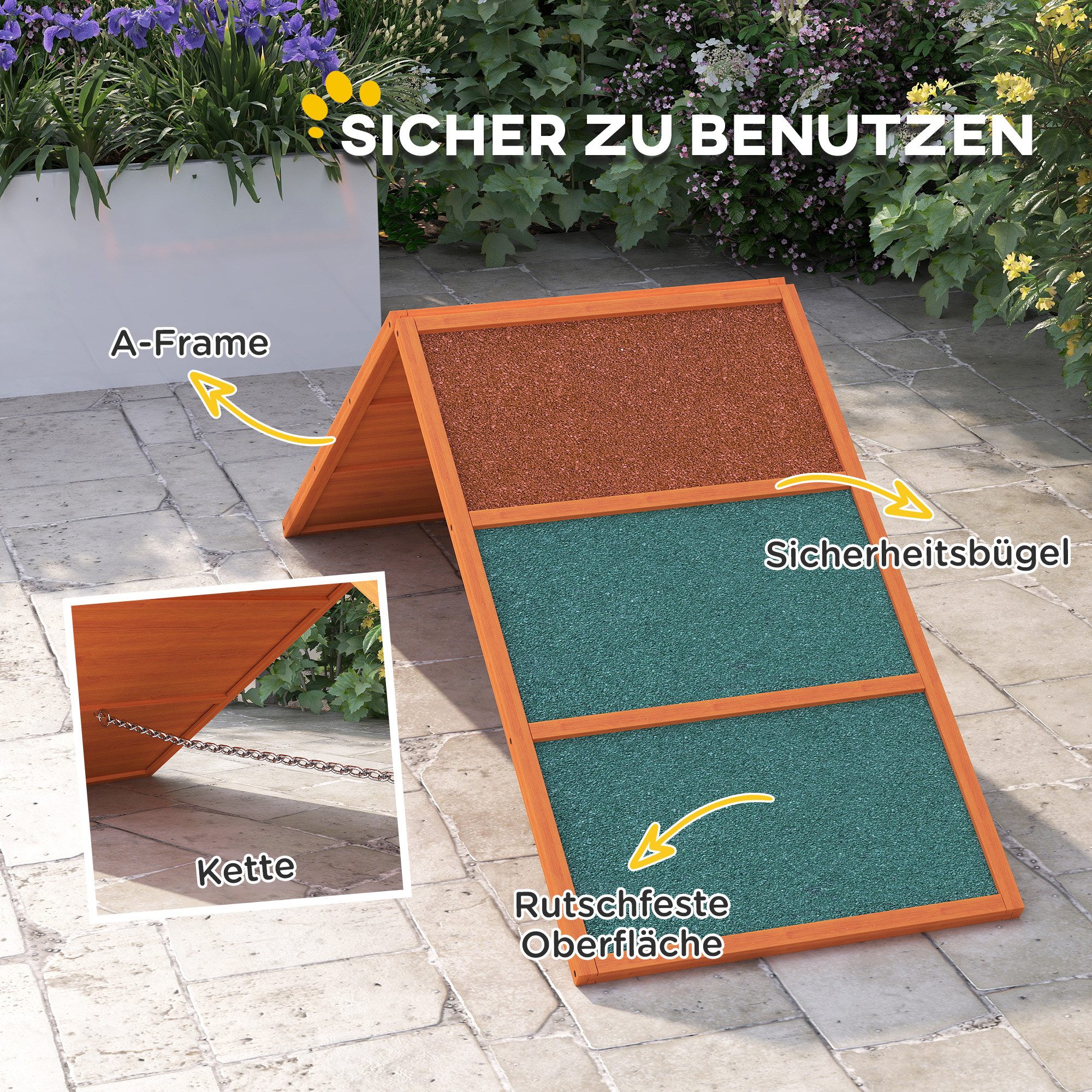 PawHut Agility-Wippe Agility-Ausrüstung mit klappbare Brücke, rutschfeste Oberfläche, Tannenholz, Agility-Gerät (1-tlg) für Garten, 173 x 59 x 66 cm, Orange