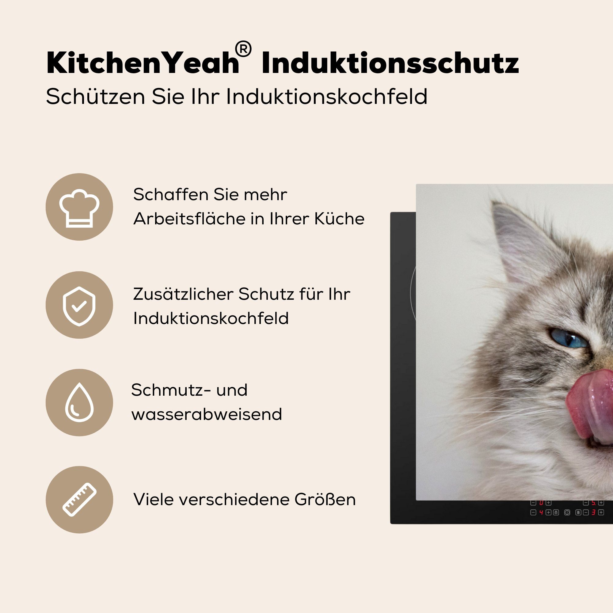 MuchoWow Herdblende-/Abdeckplatte Katze - Tier cm, (1 für küche, Induktionskochfeld - Vinyl, Schutz Nase - 71x52 Ceranfeldabdeckung Zunge, tlg), die