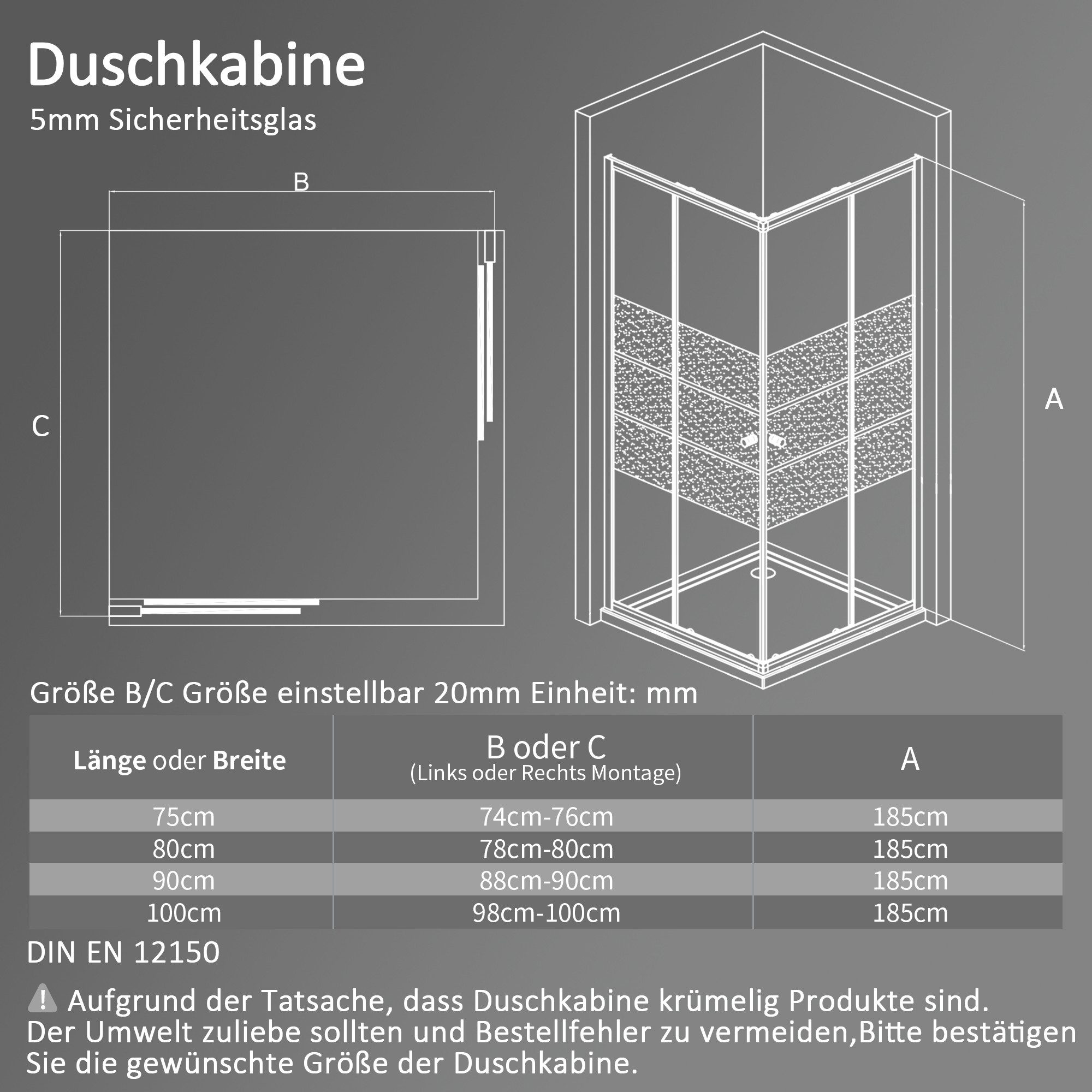Boromal Eckdusche Duschkabine 75x90 90x75 75x75 80x80 90x90 H:185cm Milchglas, BxT: 75x90 cm, 5mm Sicherheitsglas, Schiebetür Eckeinstieg Glas Dusche, verstellb – Bild 4 von 5