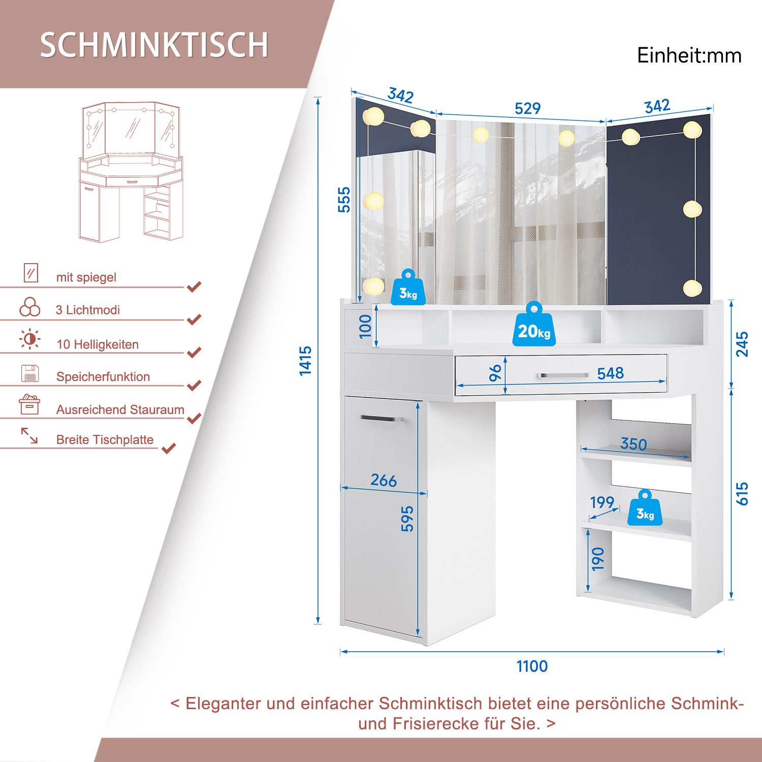 SONNI Schminktisch Schminktisch mit LED-Beleuchtung weiß, Frisiertisch, Dicke: 15 mm Brett Frisiertisch mit Spiegel 108x140x40cm