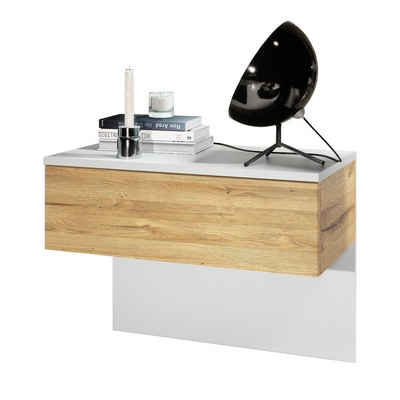 Vladon Nachttisch Sleep (Nachttischschrank, mit Schublade zur Wandmontage), Weiß matt/Eiche Natur (60 x 46 x 35 cm)