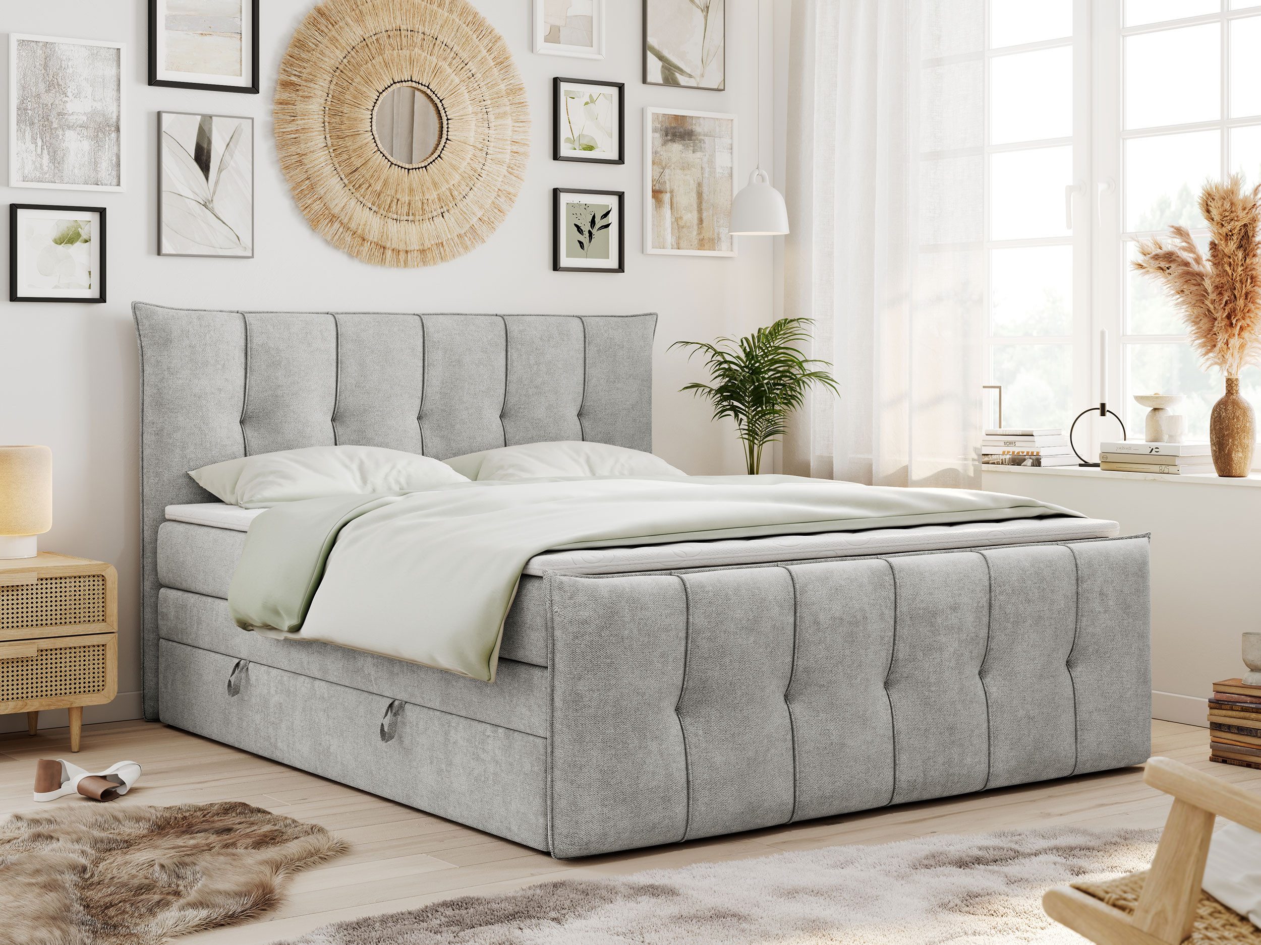 MKS MÖBEL Boxspringbett PREMIUM 11 KING (Set, Packung, T30-Schaum, Topper T25/Visco, gestepptes Kopfteil), Bettkasten und fünf Matratzen - Multipocket-Matratzen und Topper