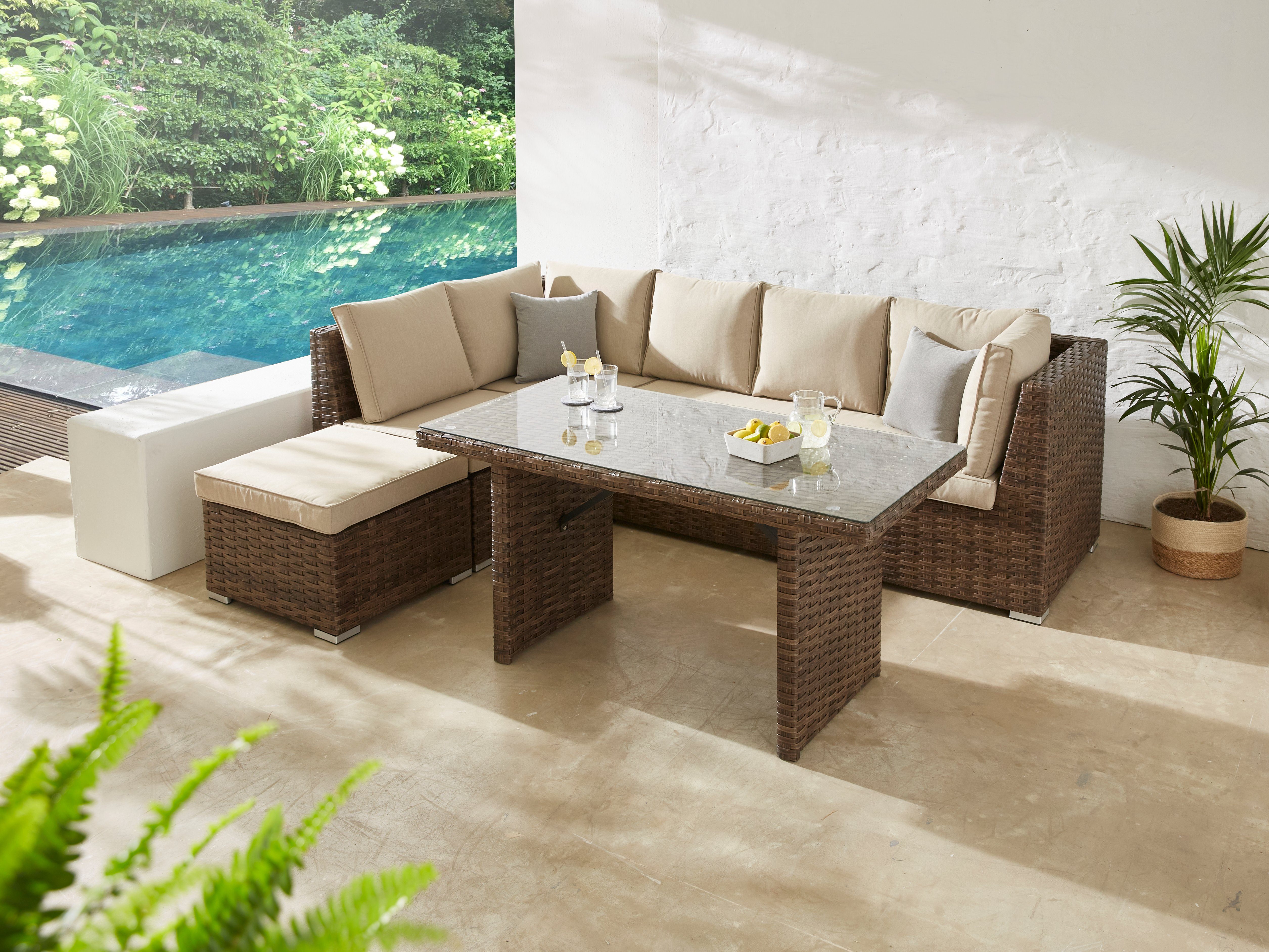 Sie können zum niedrigsten Preis kaufen! KONIFERA Gartenlounge-Set Los Angeles, (Set, Hocker, 140x70x68, 2er Sessel,1x Sofa,2x Polyrattan), inkl. Tisch 1x Alu, Auflagen 4-tlg