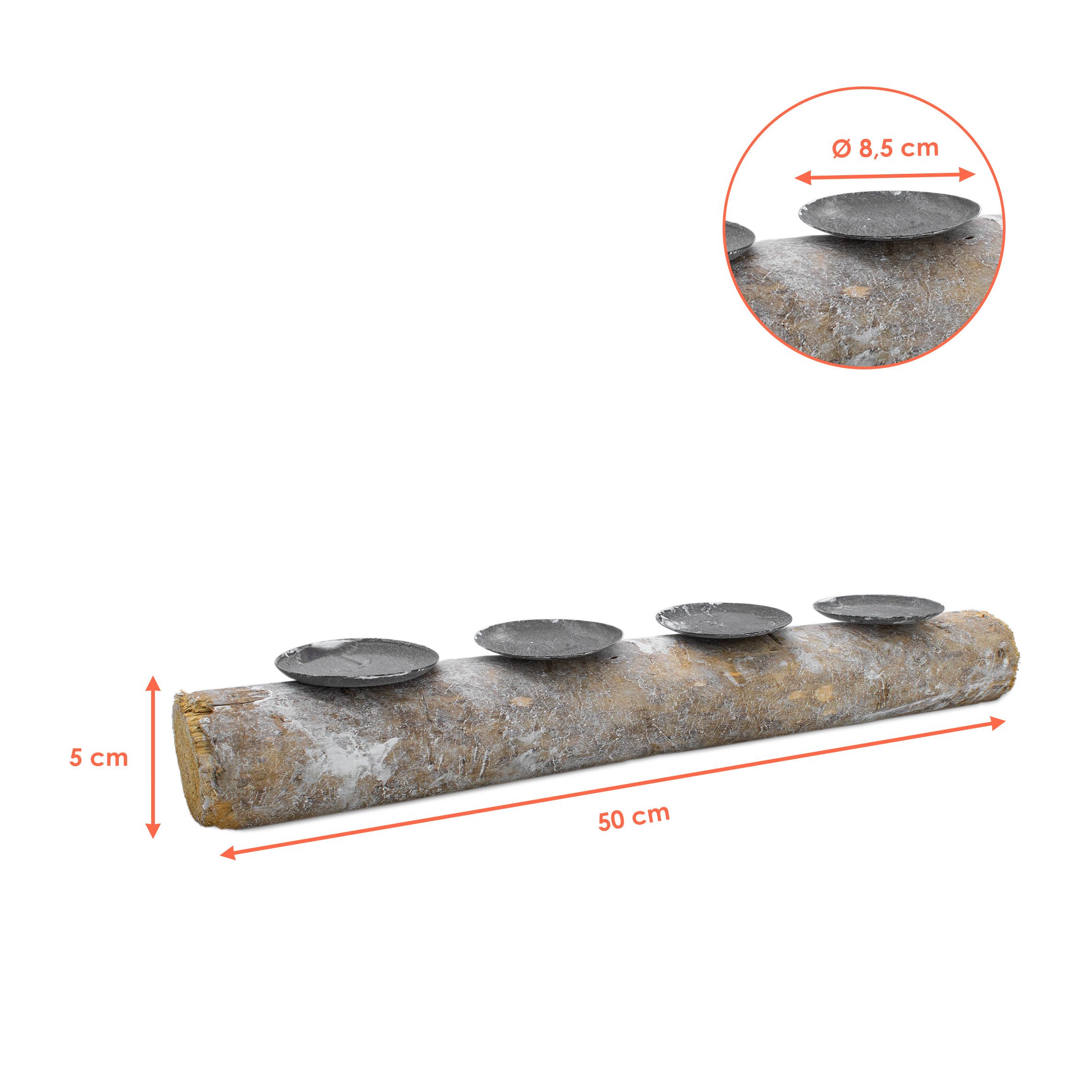 Spetebo Kerzenständer auf Baumstamm shabby weiß (Advents Kerzenständer, 1 St., mit 4 Metall Haltern), 50 cm