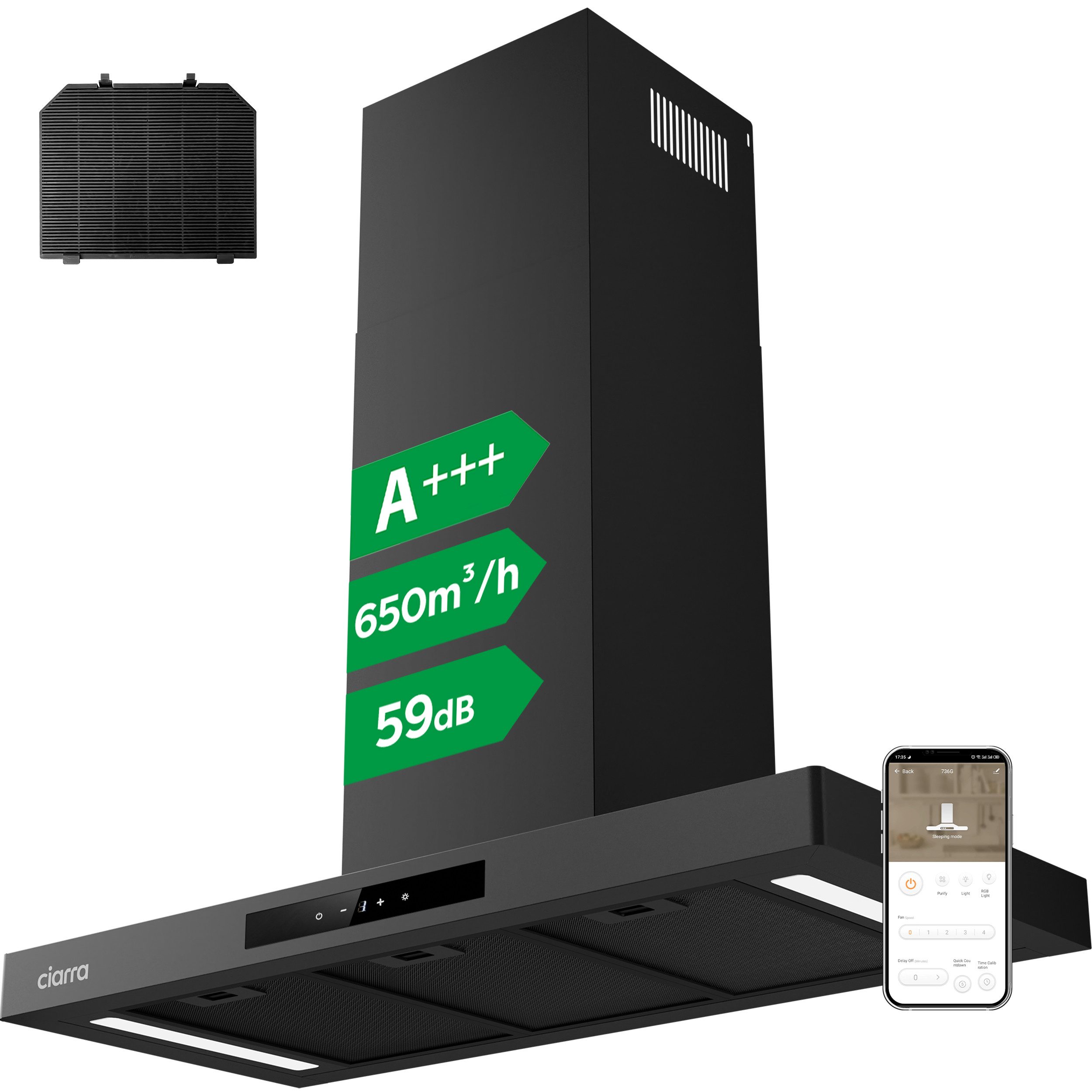 CIARRA Wandhaube 90 cm Dunstabzugshaube A+++ 650 m³/h Umluft & Abluft 4 Stufen VMB9102P 90 cm Dunstabzugshaube A+++ 650 m³/h Umluft & Abluft 4 Stufen VMB9102P, Kaminhaube leise WIFI-APP Touch Control Inkl. BOOST mit Kohlefilter