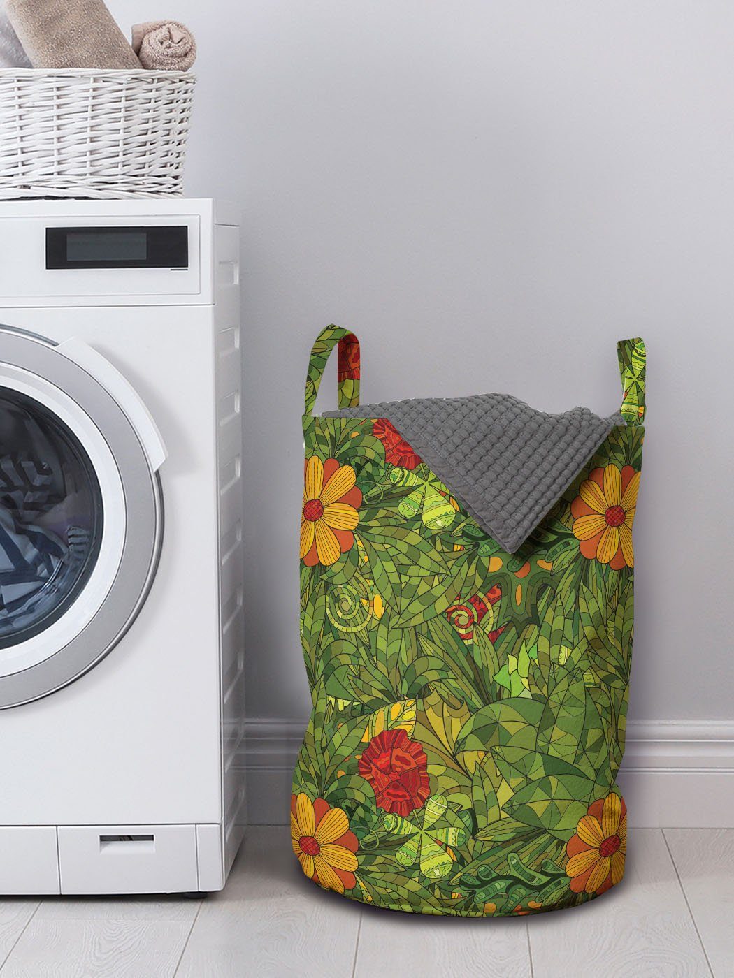 Abakuhaus Wäschesäckchen Wäschekorb für Retro mit Fractal Waschsalons, Blumen Griffen Dschungel-Kunst Kordelzugverschluss