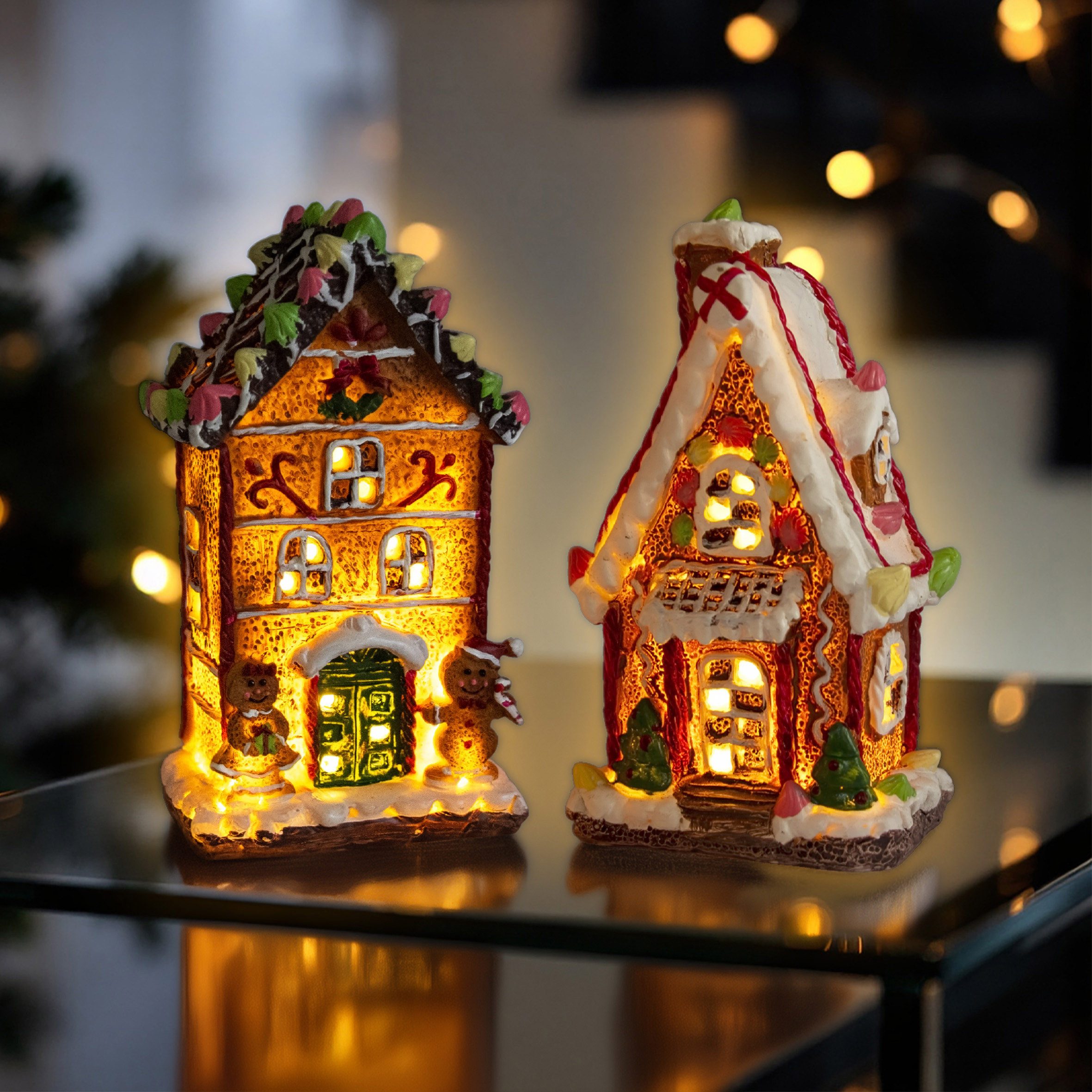 Spetebo LED Dekoobjekt LED Lebkuchenhaus Aufsteller 17 x 9 cm - 2er Set, AN / AUS, LED fest integriert, warm weiß, Weihnachten Tisch Deko warm weiß beleuchtet