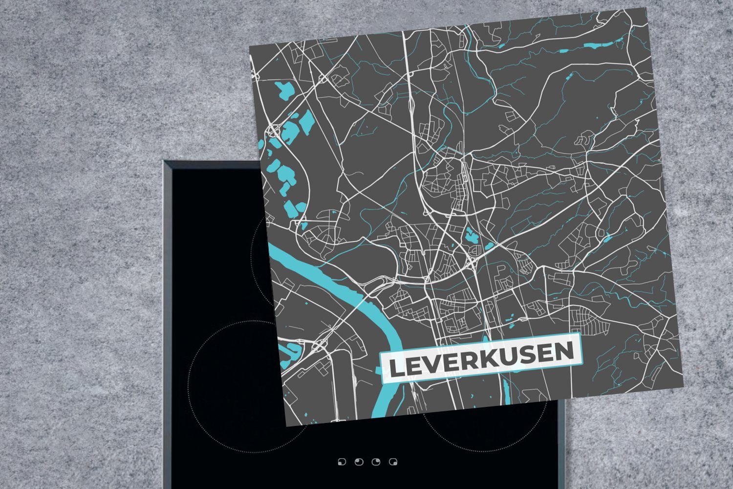 - (1 Stadtplan Blau cm, - küche tlg), MuchoWow 78x78 - Arbeitsplatte für - Vinyl, Deutschland Ceranfeldabdeckung, Herdblende-/Abdeckplatte Karte Leverkusen,