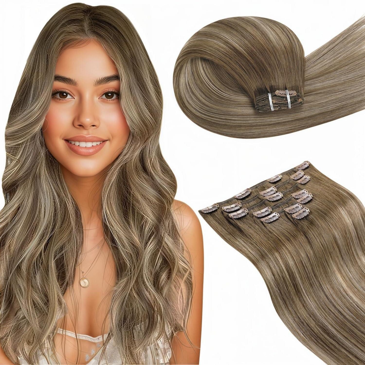Echthaar-Extension Clip in Extensions Echthaar Balayage Ombre Braun 35cm-7PCS 1.5#8 16 8