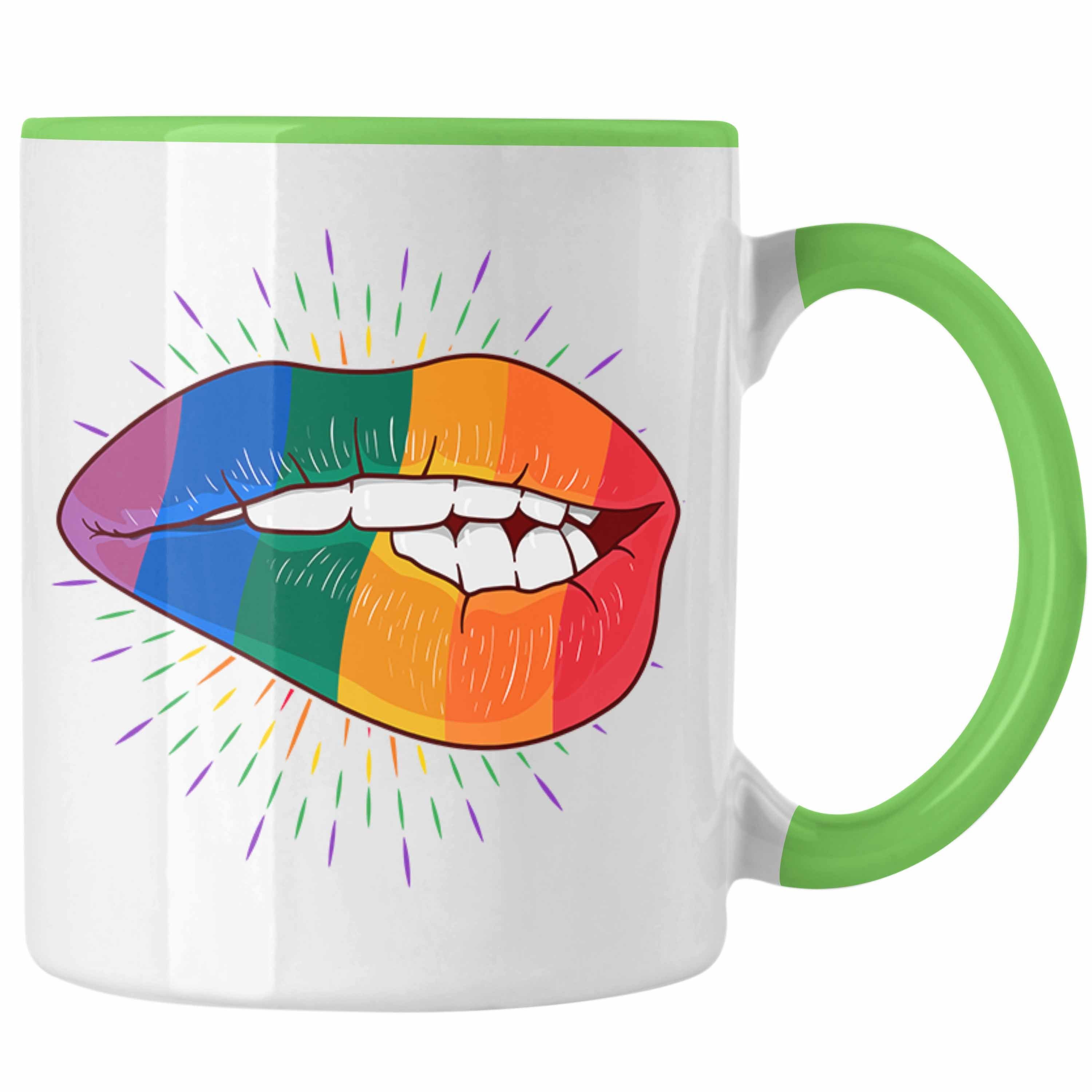 Trendation Tasse Trendation - LGBT Tasse Geschenk für Schwule Lesben Transgender Regenbogen Lustige Grafik Regenbogen Bunte Lippe Grün