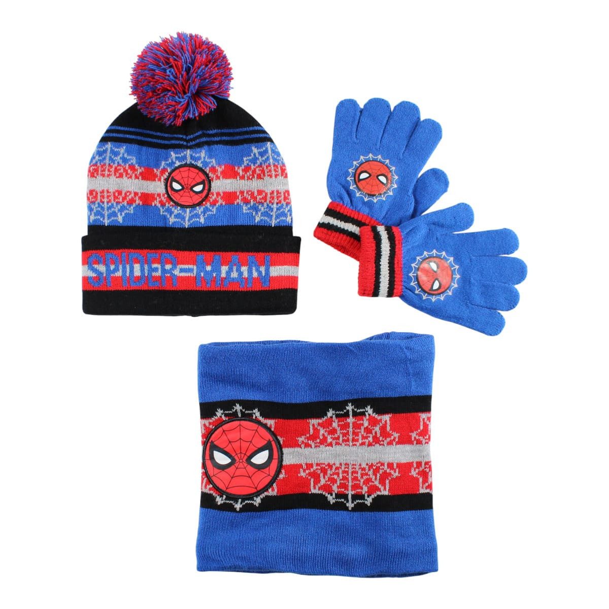 MARVEL Bommelmütze Spiderman Kinder Herbst Winter Set Mütze Loop plus Handschuhe 53/54 (3-St)