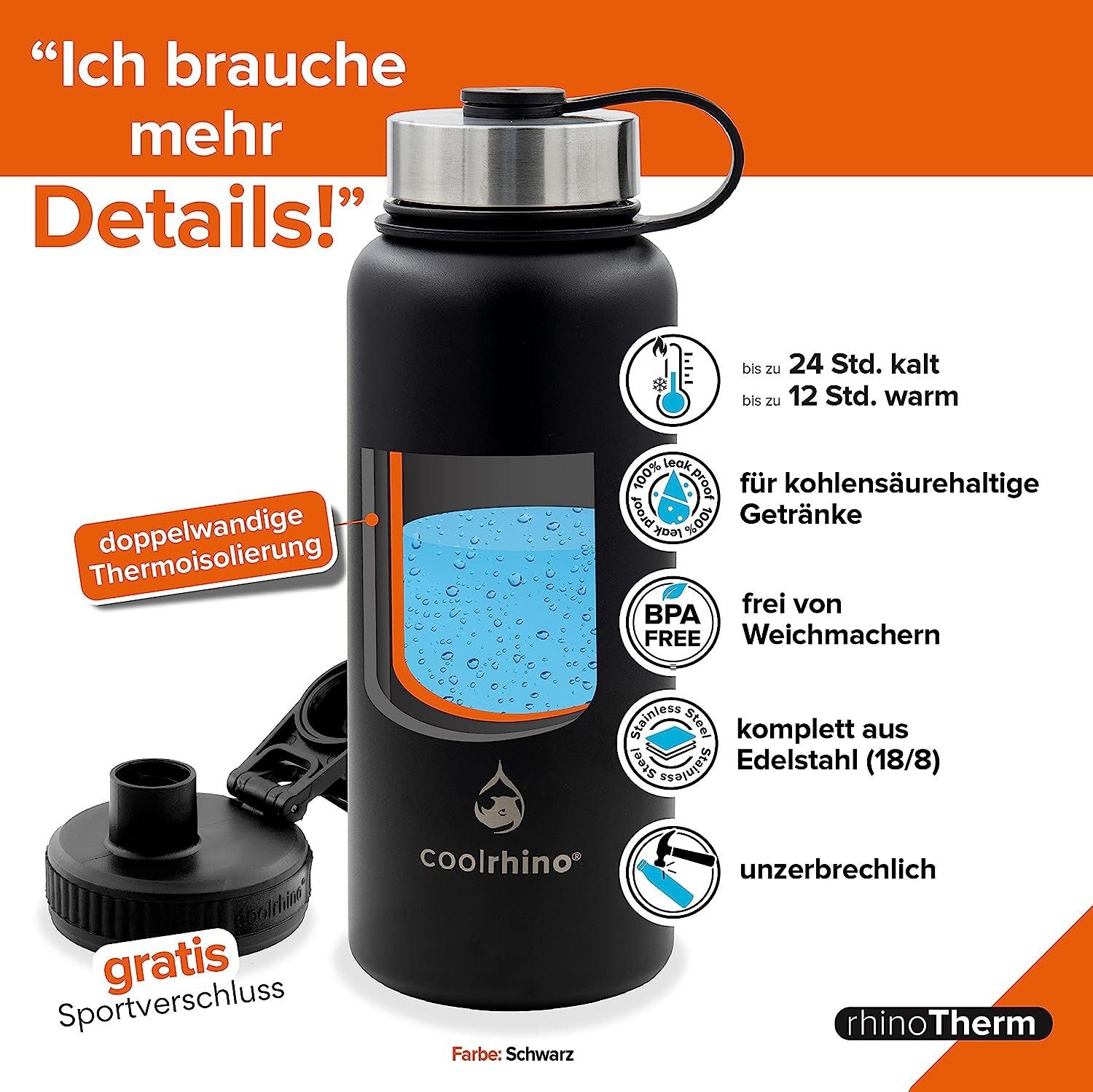 Kohlensäure Thermosflasche doppelwandig / ml Schwarz Trinkflasche Edelstahl ml, geeignet, coolrhino 530 950 BPA-frei Isolierflasche rhinoTherm