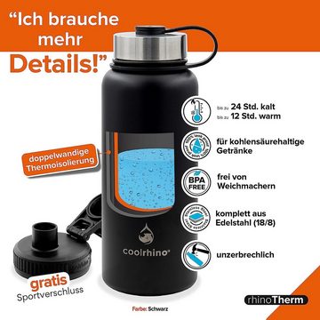 coolrhino Isolierflasche rhinoTherm Edelstahl Trinkflasche 530 ml / 950 ml, Kohlensäure geeignet, BPA-frei Thermosflasche doppelwandig