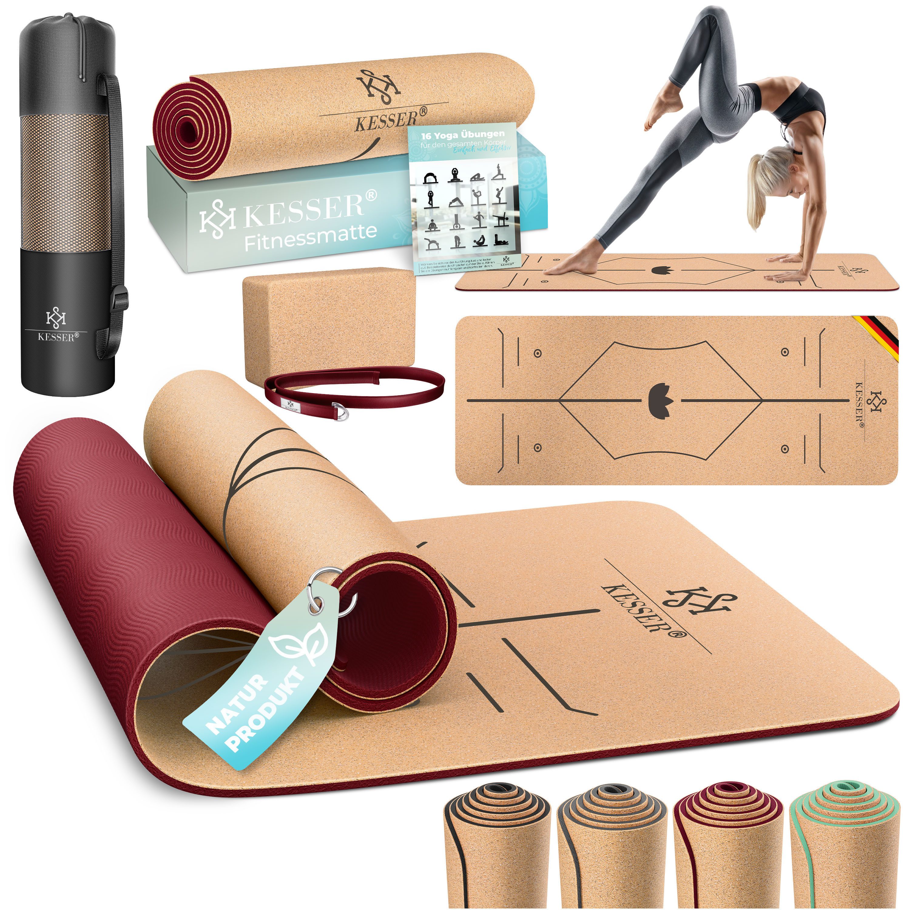 KESSER Yogamatte, Fitnessmatte Kork mit Tragegurt & Tasche Gymnastikmatte Trainingsmatte