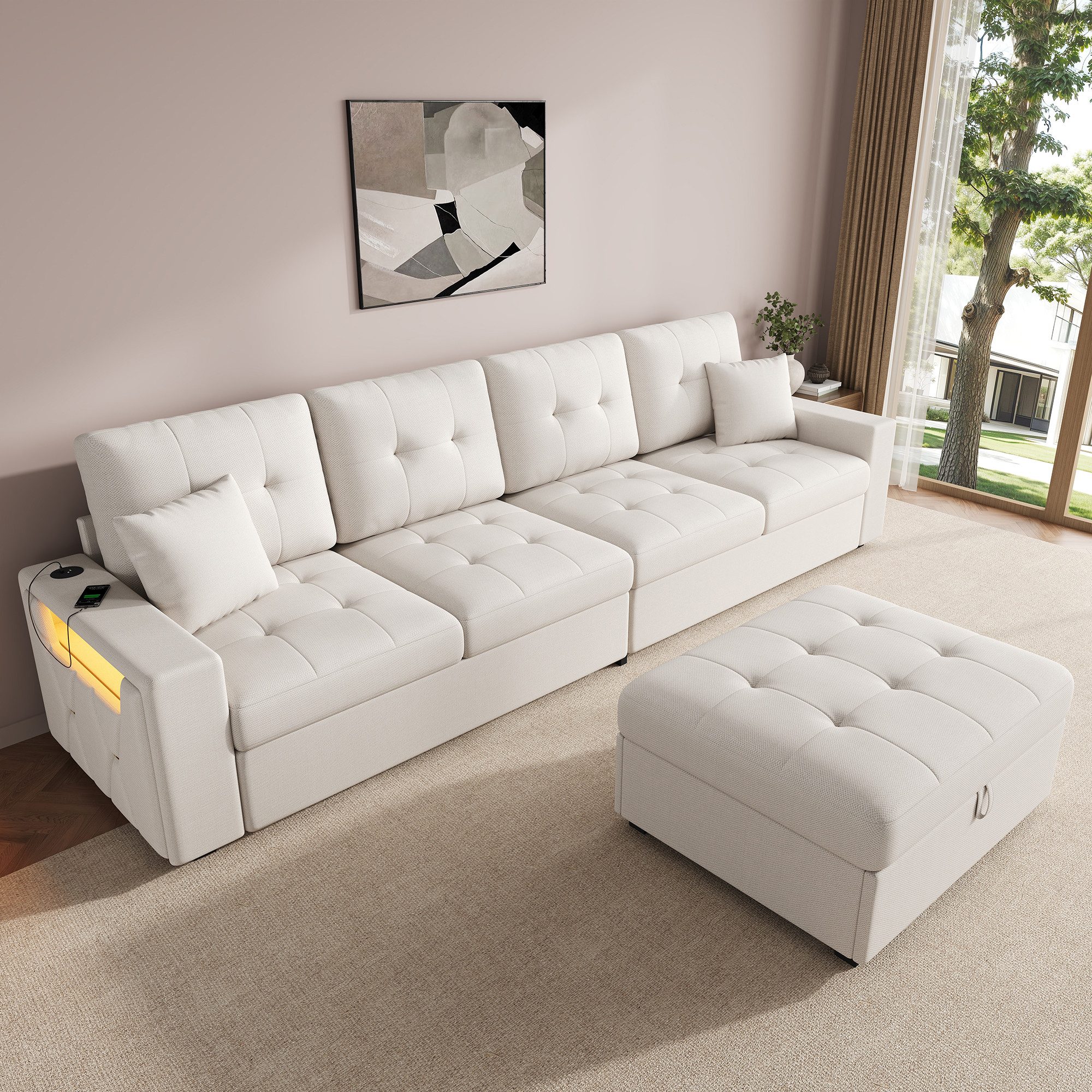Merax Sofa mit flexiblem Hocker und großem Stauraum, L-Sofa aus Leinenbezug, 253 × 144,5 × 80,7 cm 1 Teile, 4-Sitzer-Sofa mit LED,USB & Type-C Ladeanschlüssen a – Bild 3 von 5