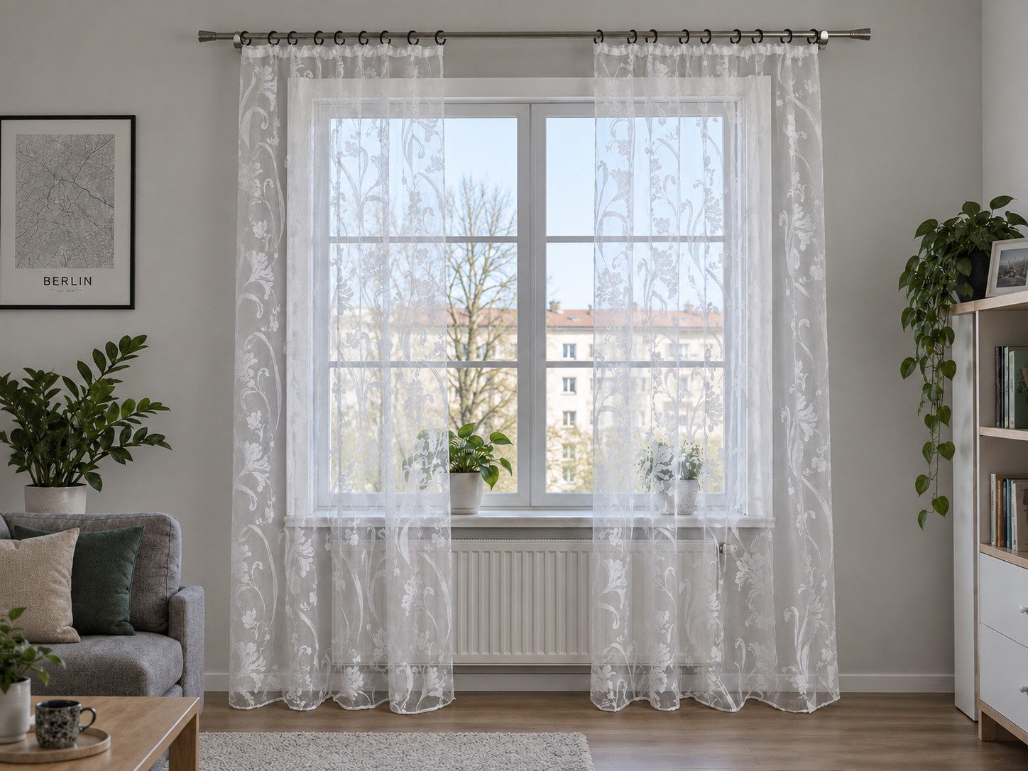 Joyswahl Vorhang Lika Gardinenschal mit Rankenmuster im Landhausstil (1 St), Kräuselband, transparent, Voile-Ausbrenner, Blumenranken, lichtdurchlässig für Wohnzimmer Schlafzimmer