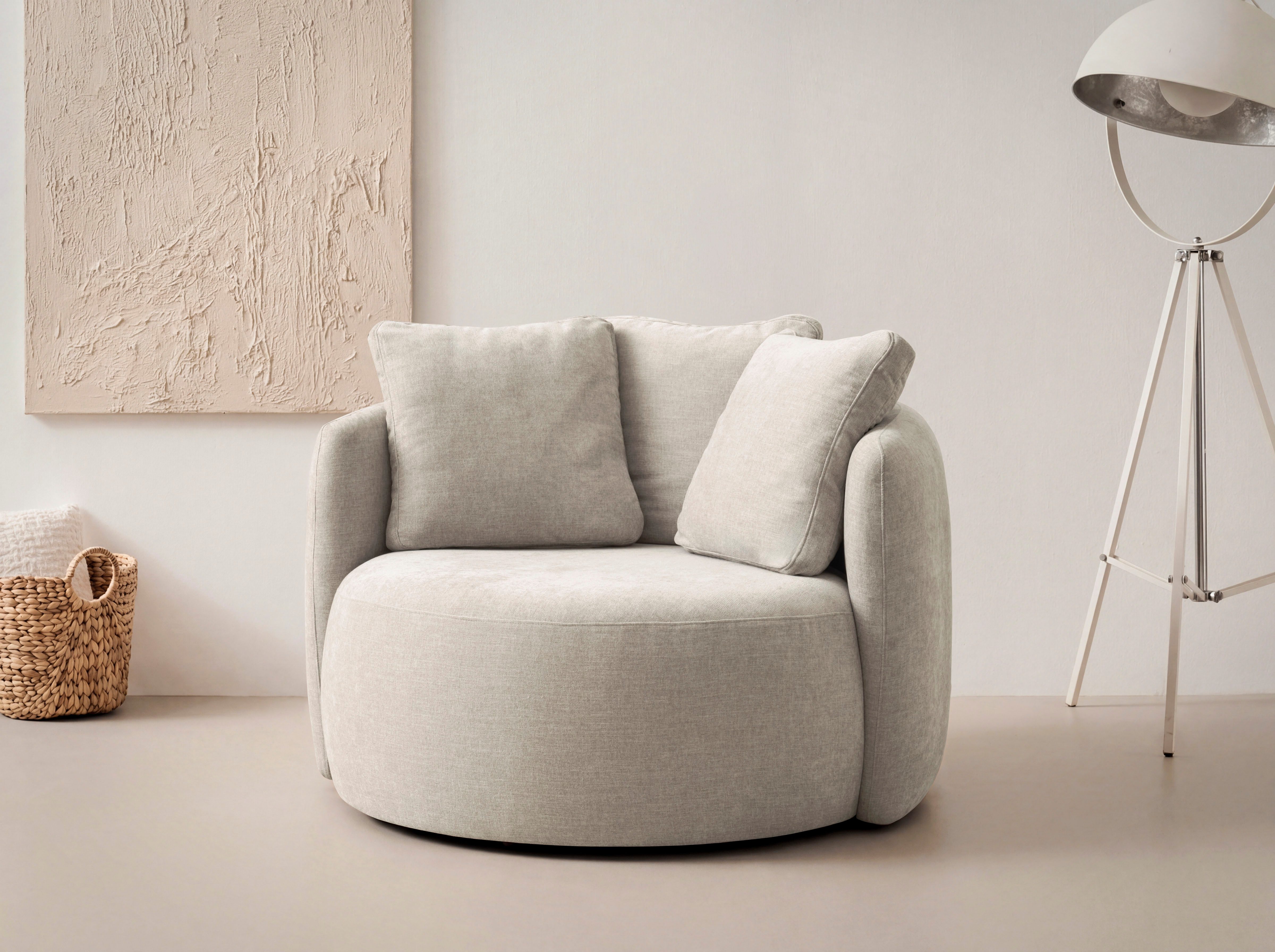 OTTO products Sessel Kaarl, moderner Rundsessel, Loungesessel, Loveseat, Webstoff, in fünf Farben, inkl. Rückenkissen, zeitloses Design