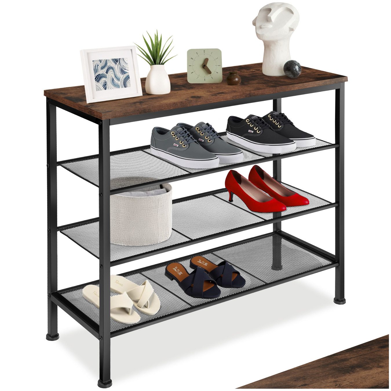 tectake Schuhregal Flurregal aus Holz und Stahl, 80,5 x 30,5 x 72,5 cm, Schuhablage mit Gitterablagen Newport 1-tlg., Ablage und 3 Gitterablagen, mit höhenverstellbaren Kunststofffüßen