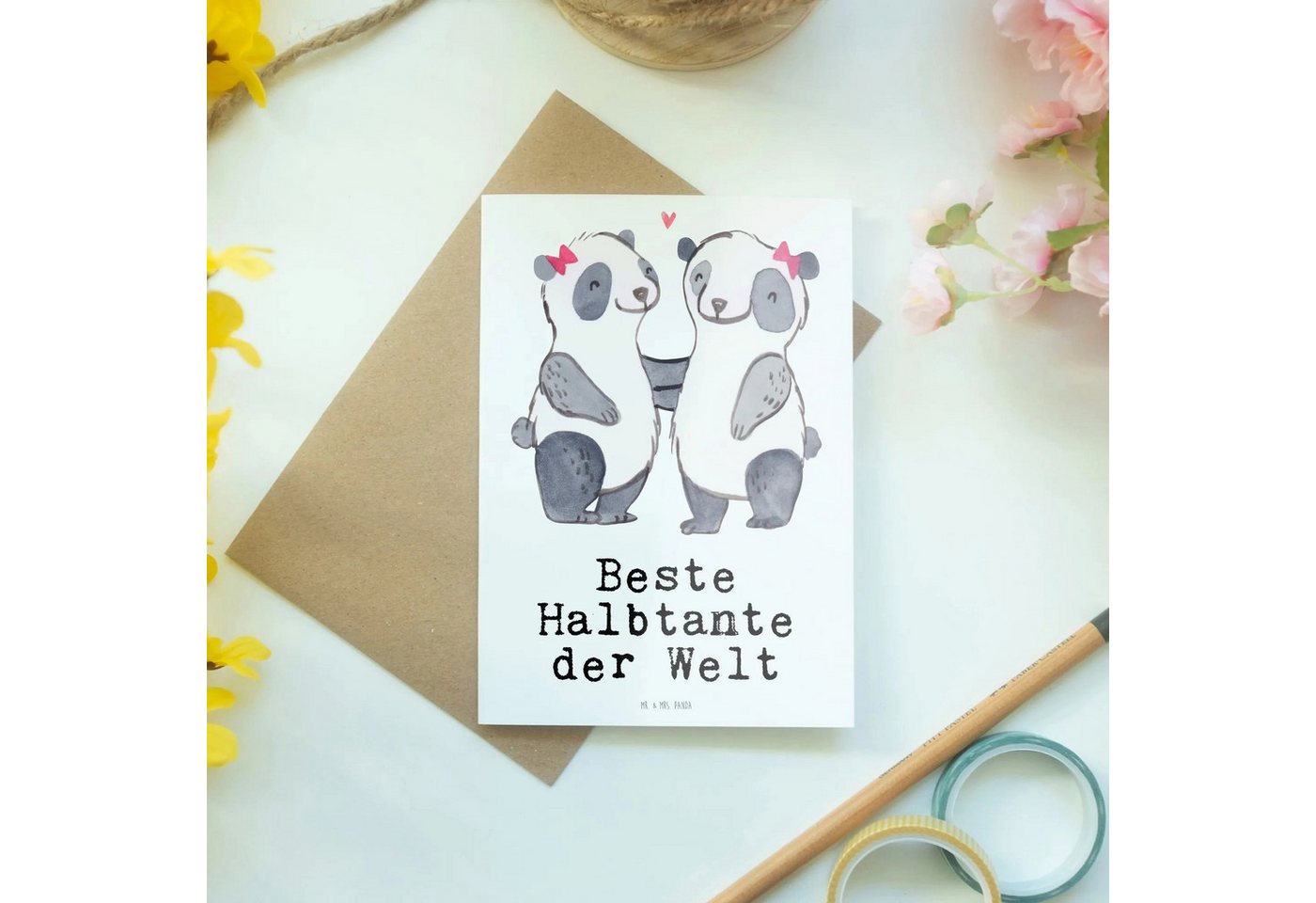 Thumbnail - Mr. & Mrs. Panda Grußkarte Panda Beste Halbtante der Welt - Weiß - Geschenk, Grußkarte, Hochzeit, Edler Umschlag