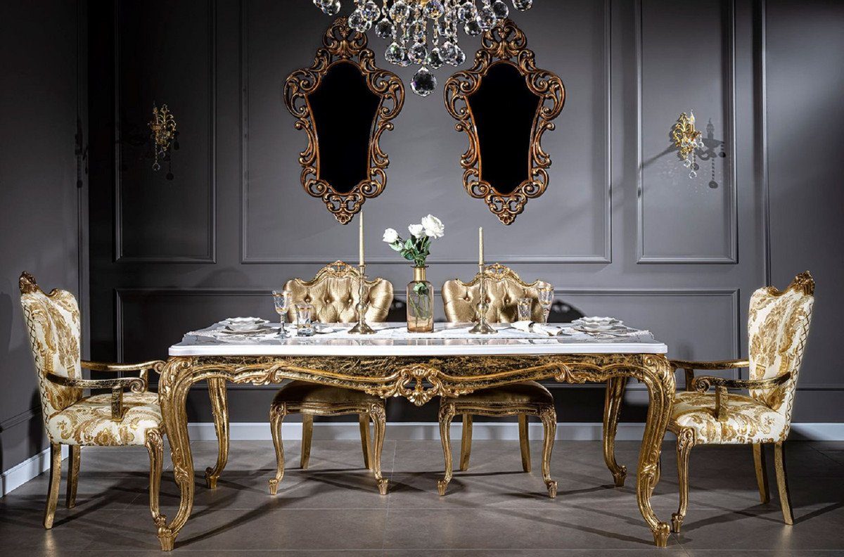 Casa Padrino Esszimmer-Set Luxus Barock Esszimmer Set Weiß / Gold - 1 Esstisch & 6 Esszimmerstühle - Handgefertigte Esszimmer Möbel im Barockstil - Edel & Prunkvoll