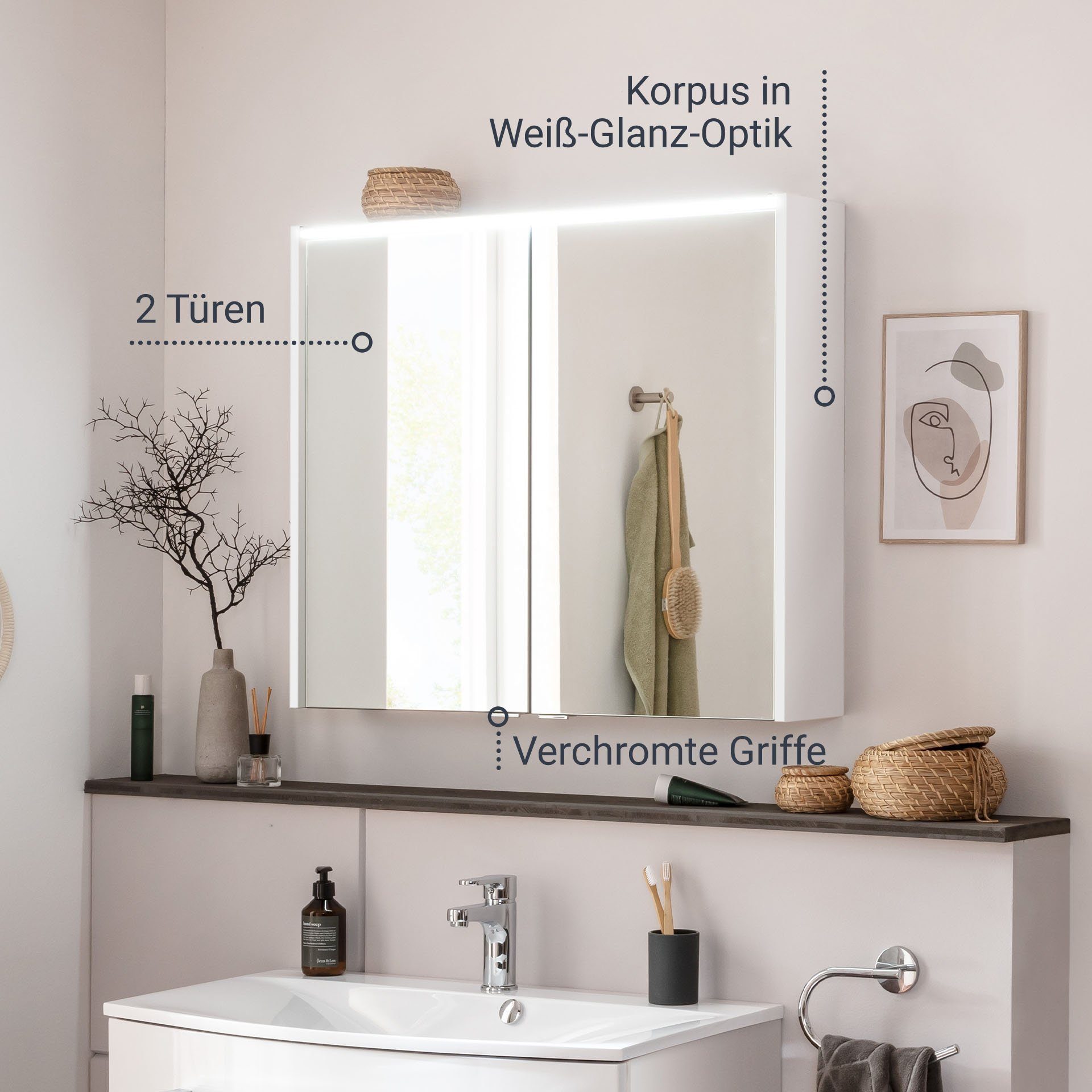 hängend – FACKELMANN Verona Weiß vormontiert, LED-Spiegelschrank Badezimmerspiegelschrank