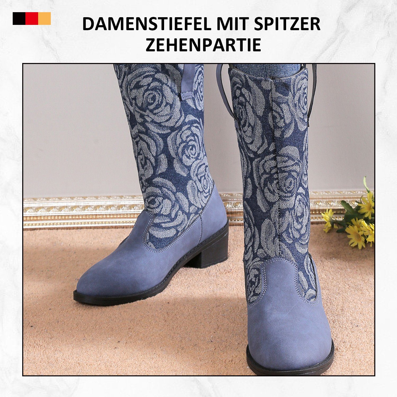 Damen Cowboystiefel MAGICSHE Martin-Stiefel Blau Patchwork-Stickerei High-Top