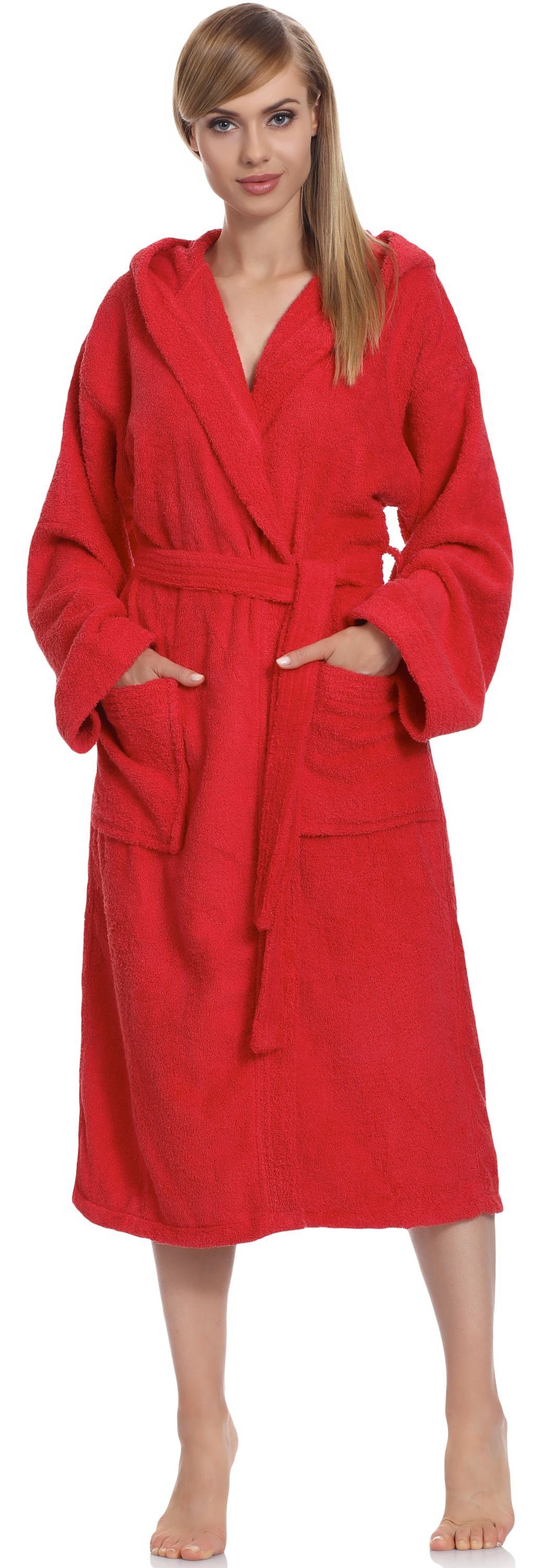100% Langform, (D10) Rot Ladeheid LA40-102, Bademantel Baumwolle Bademantel Kapuze Damen Frottee Baumwolle, aus
