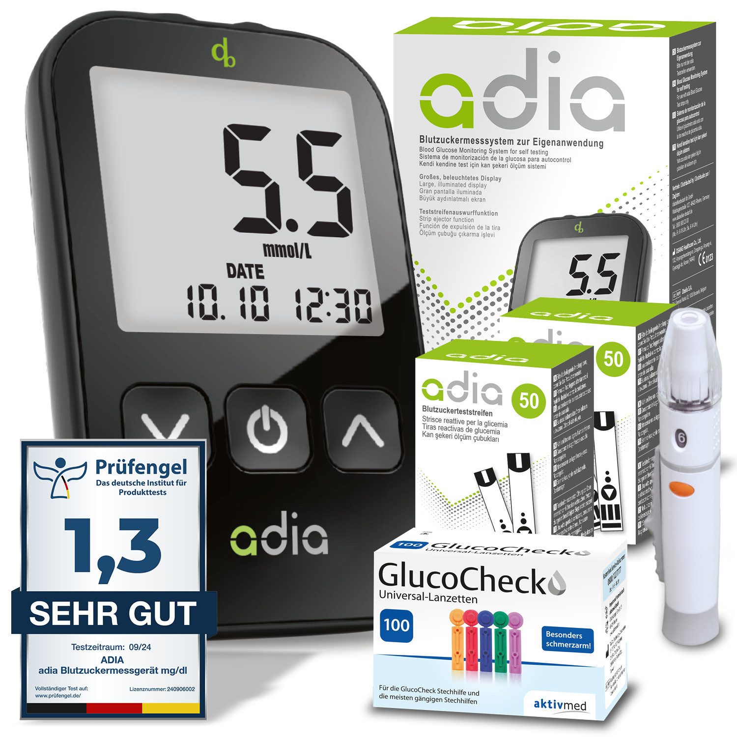 ADIA Blutzuckermessgerät adia Blutzuckermessgerät Set + 110 Teststreifen + 110 Lanzetten mmol/l