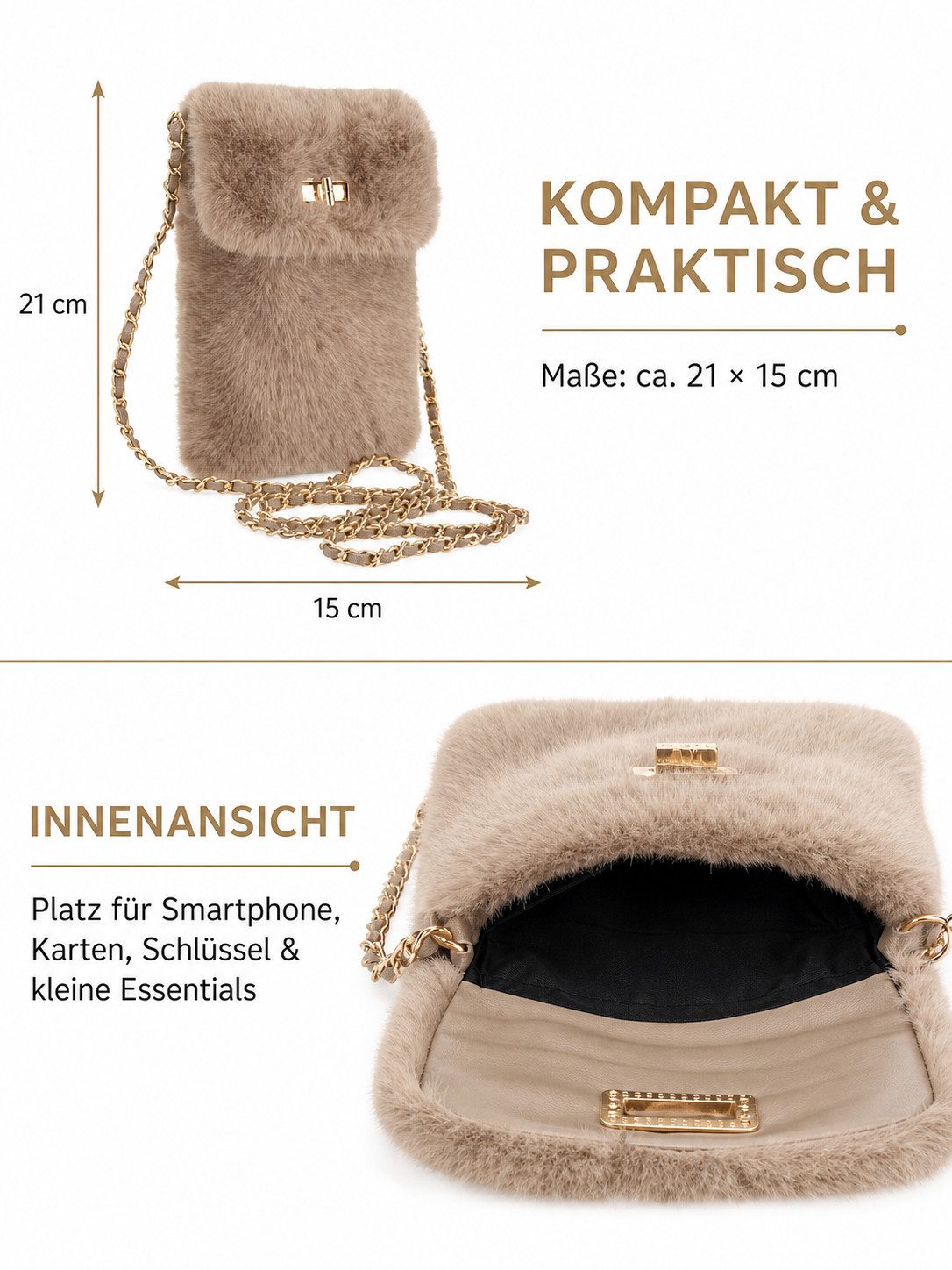 BRISE TASCHE Umhängetasche Mini Umhängetasche aus Kunstfell mit Kettenriemen, weiches Kunstfell, goldfarbener Kettenriemen, Drehverschluss