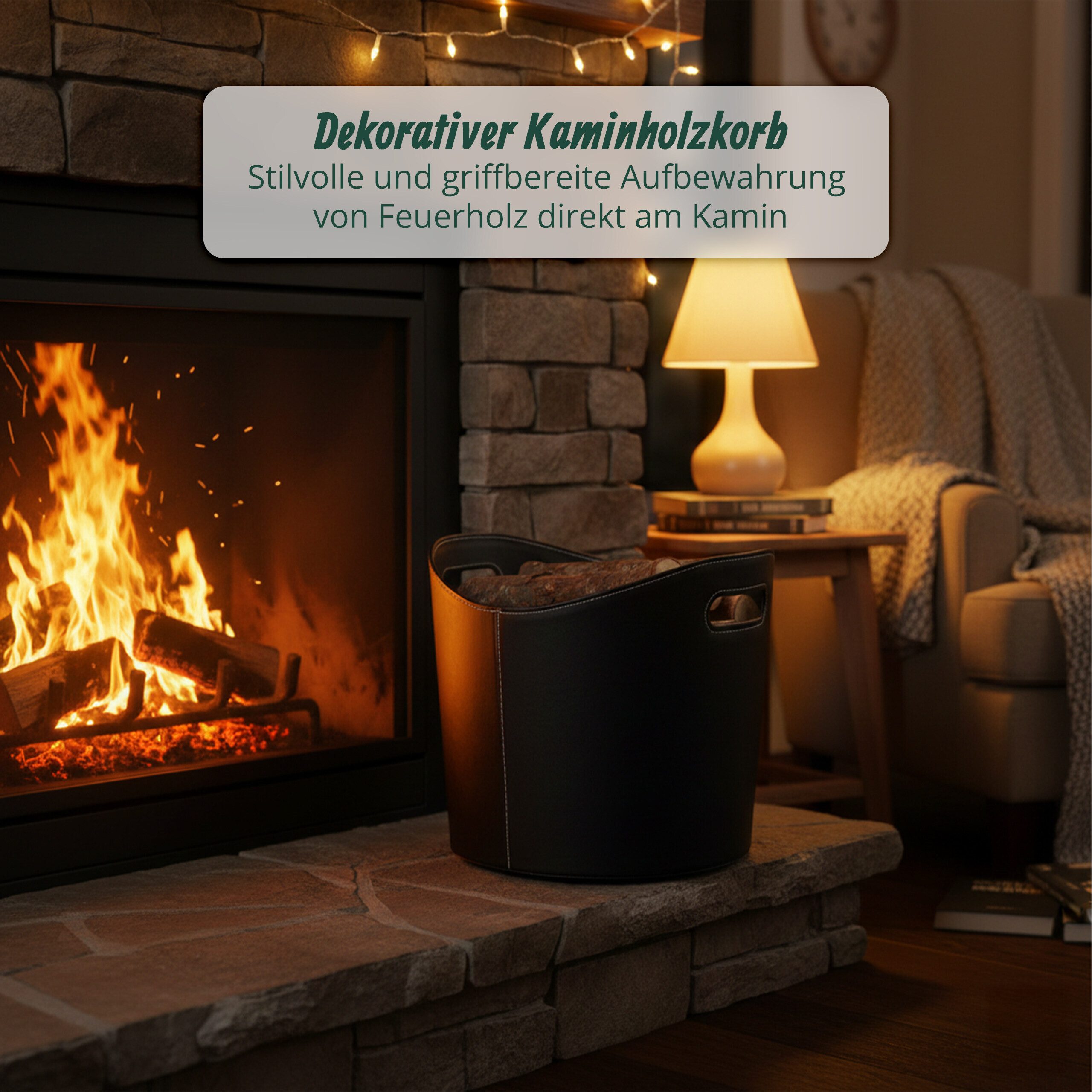 relaxdays Kaminholzkorb Kunstleder schwarz (1 St), L – Bild 2 von 5