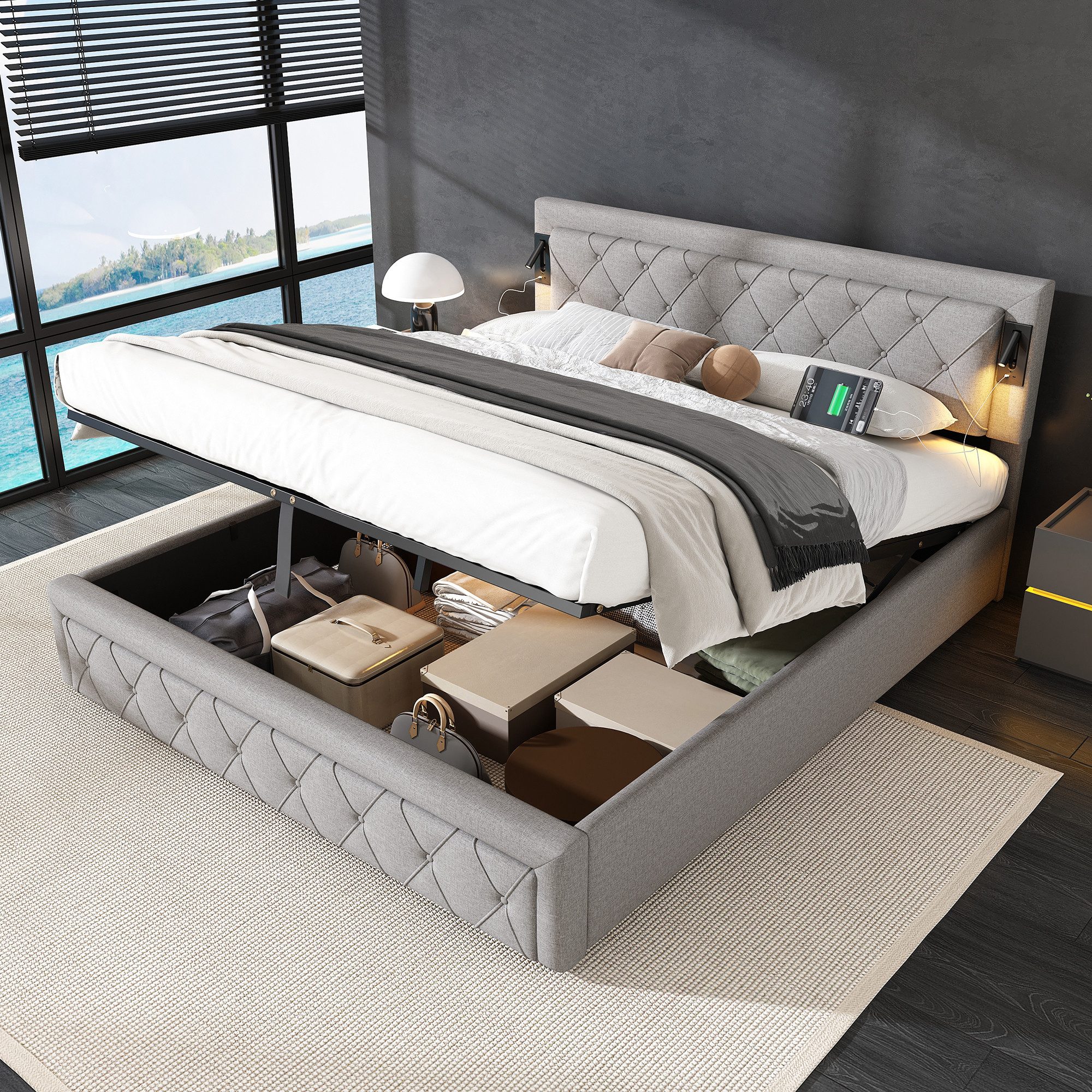 HAUSS SPOLE Polsterbett 180x200cm mit Downlight, USB, Rautenstreifen-Kopfte günstig online kaufen