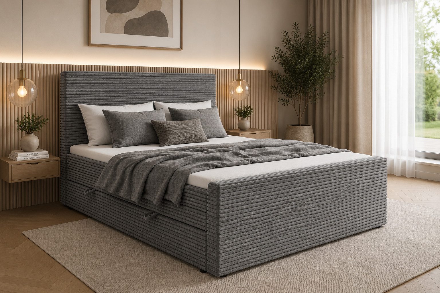 Labett Boxspringbett Bettkasten & Doppelmatratze Cordstoff POSETTO KING 180x200 200x200 (2 Bettkästen, Topper), Bonellfederkern- und Taschenfederkernmatratze