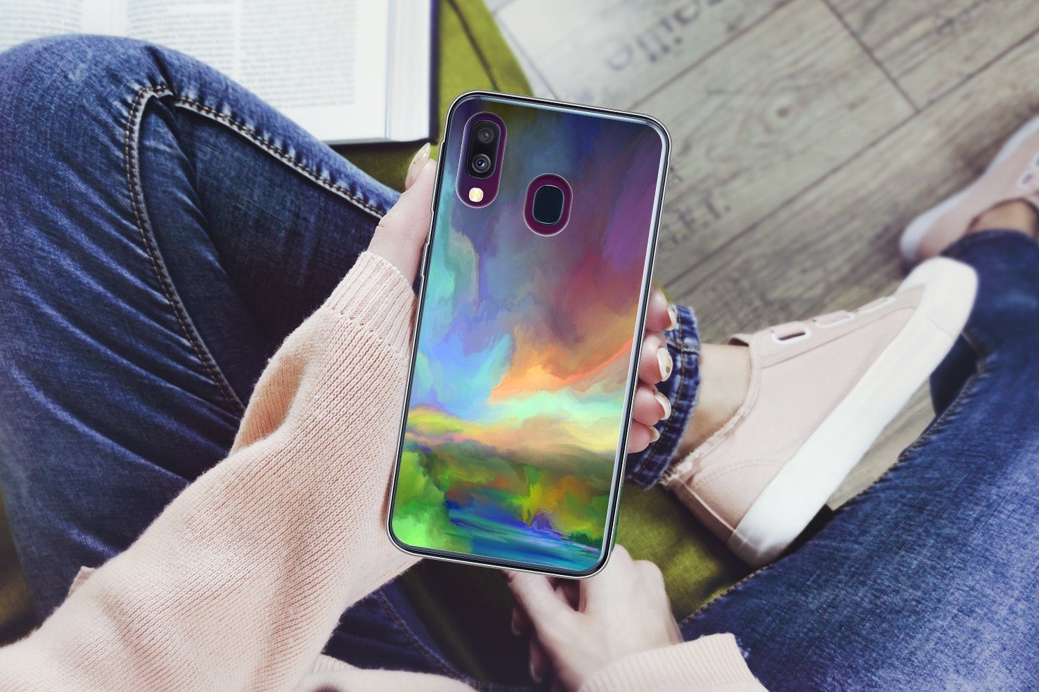 MuchoWow Handyhülle für Samsung Galaxy A40 Landschaft - Aquarell - Himmel, Smartphone-Bumper, Print, Handy Schutzhülle Dünn