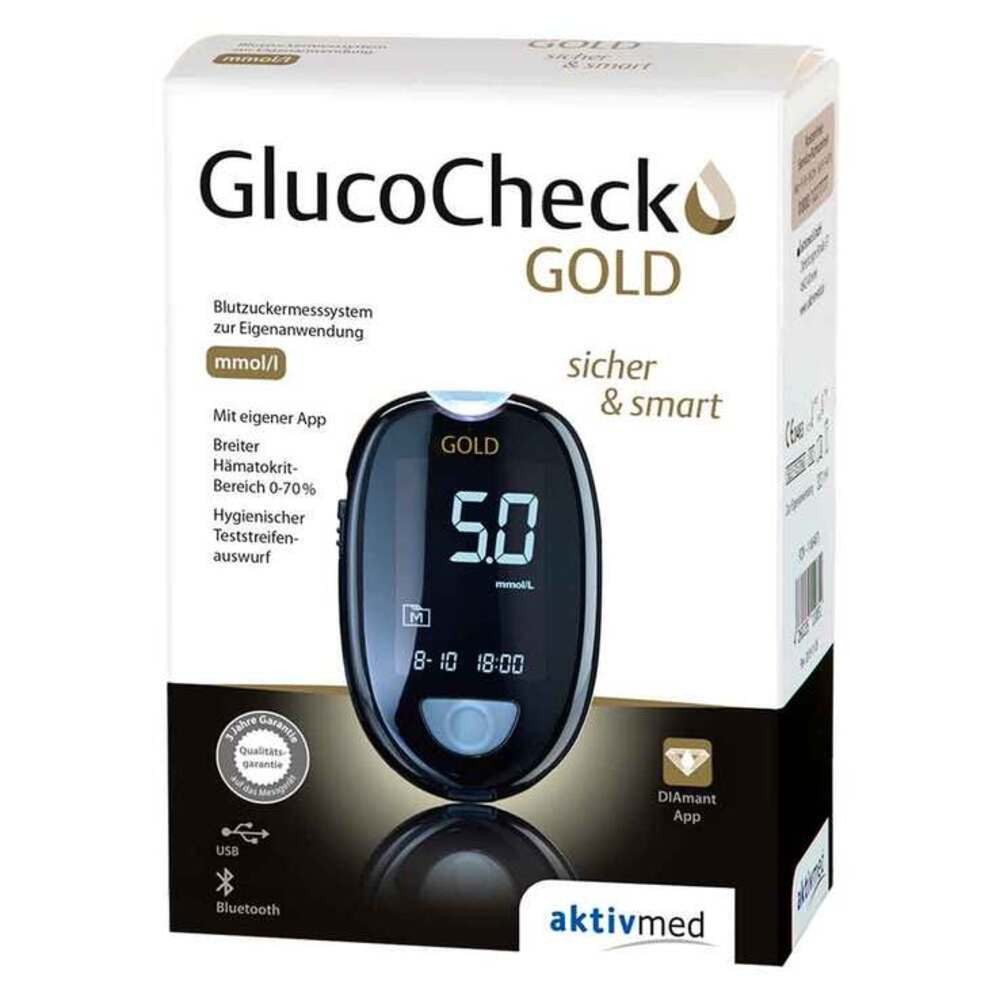 GlucoCheck Blutzuckermessgerät GlucoCheck Gold mgdl oder mmol, Spar-Set, Diabeteskontrolle, Smartes Messgerät, Teststreifeneinschub beleuchtet, Bluetooth und USB-Schnittstelle