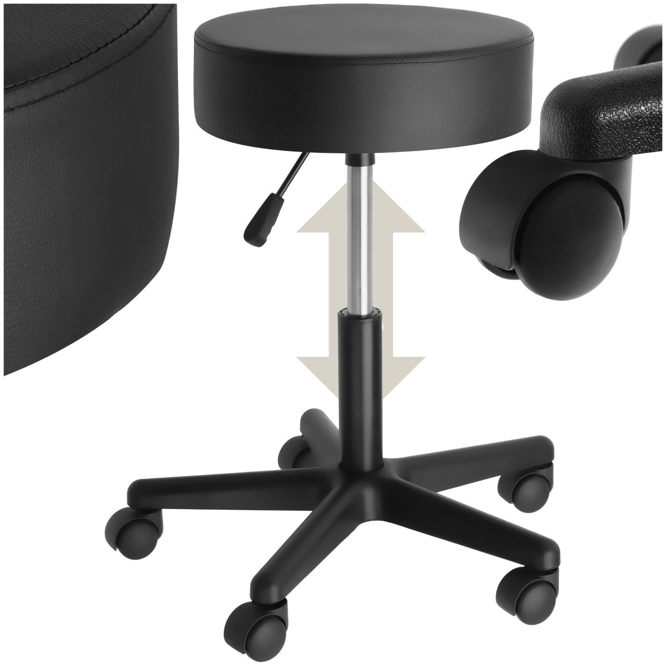 tectake Rollsitz Rollhocker, Belastbarkeit 150 kg, höhenverstellbar und 360° drehbar (Drehstuhl Werner, in schwarz), Kunstlederbezug, gute Polsterung, stabiles Fußkreuz mit 5 Doppelrollen