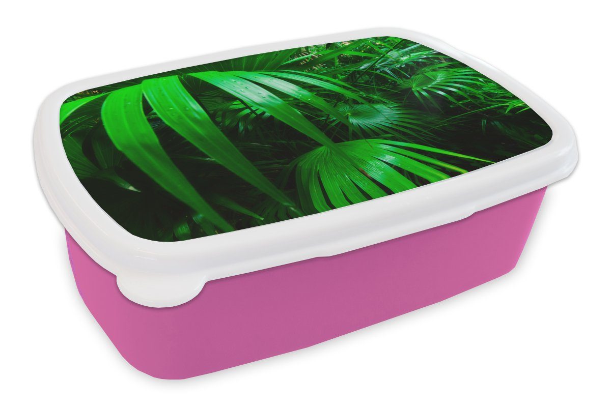 MuchoWow Lunchbox Palmenblätter im Dschungel, Kunststoff, (2-tlg), Brotbox für Erwachsene, Brotdose Kinder, Snackbox, Mädchen, Kunststoff rosa