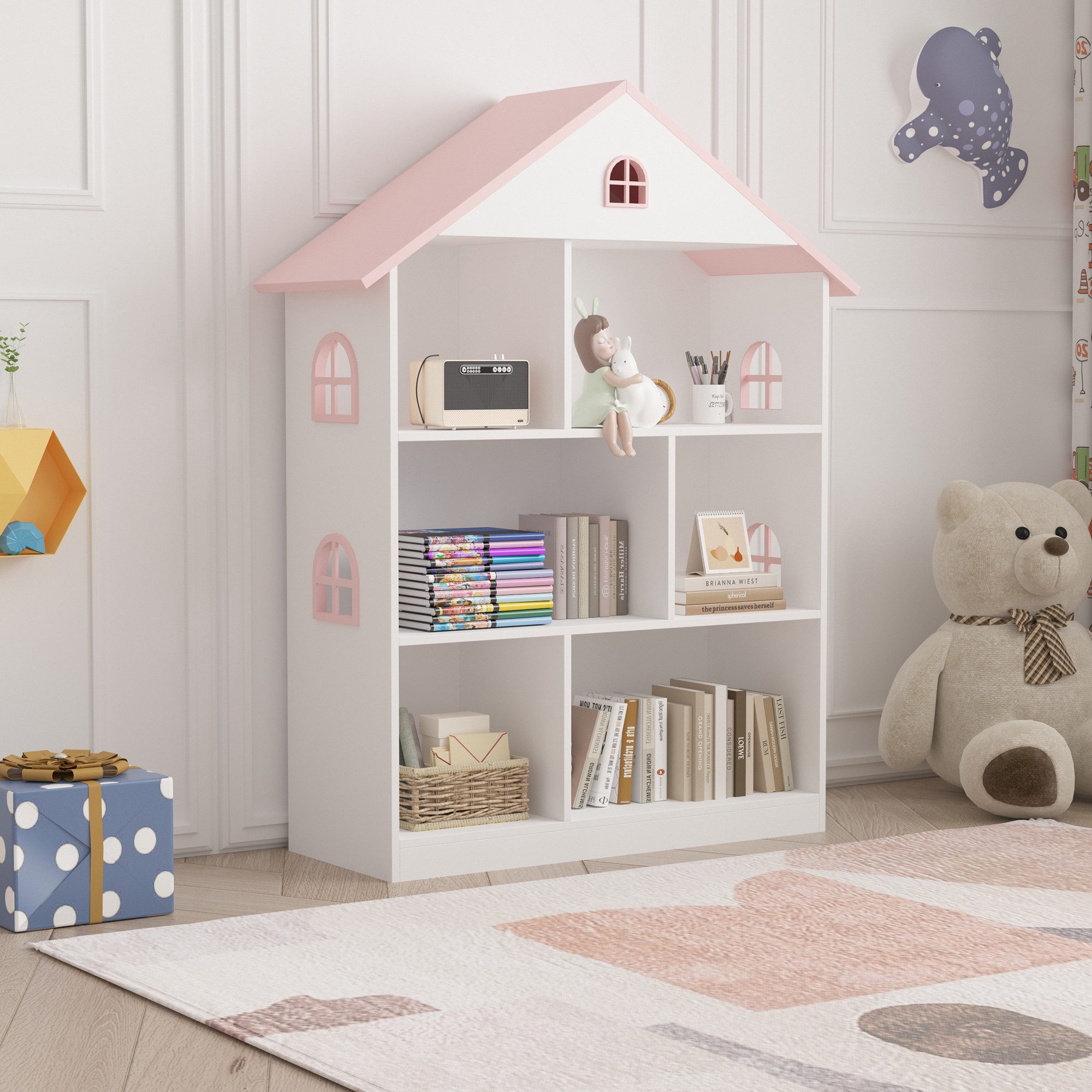 en.casa Kinderregal, »Vipsali« in Hausform 107 x 83 x 30 cm Weiß/Rosa