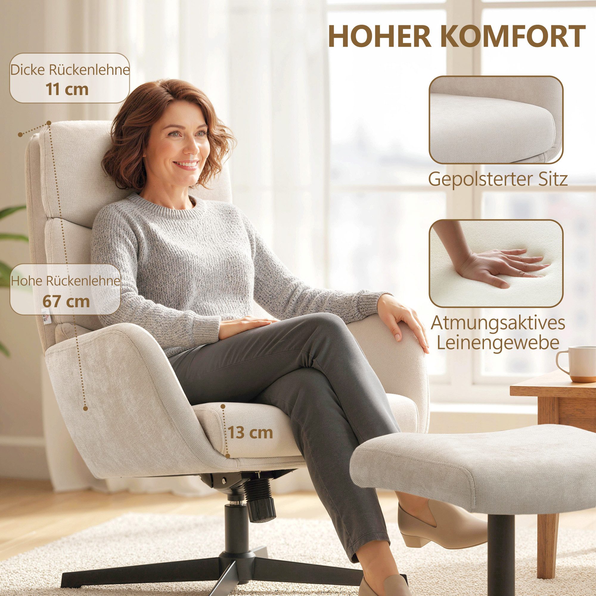 HOMCOM Relaxsessel Sessel mit hoher Rückenlehne, Loungesessel mit Wippfunktion (Fernsehsessel, 2-St., Loungesessel mit Hocker), für Wohnzimmer, Schlafzimmer, Be – Bild 5 von 5