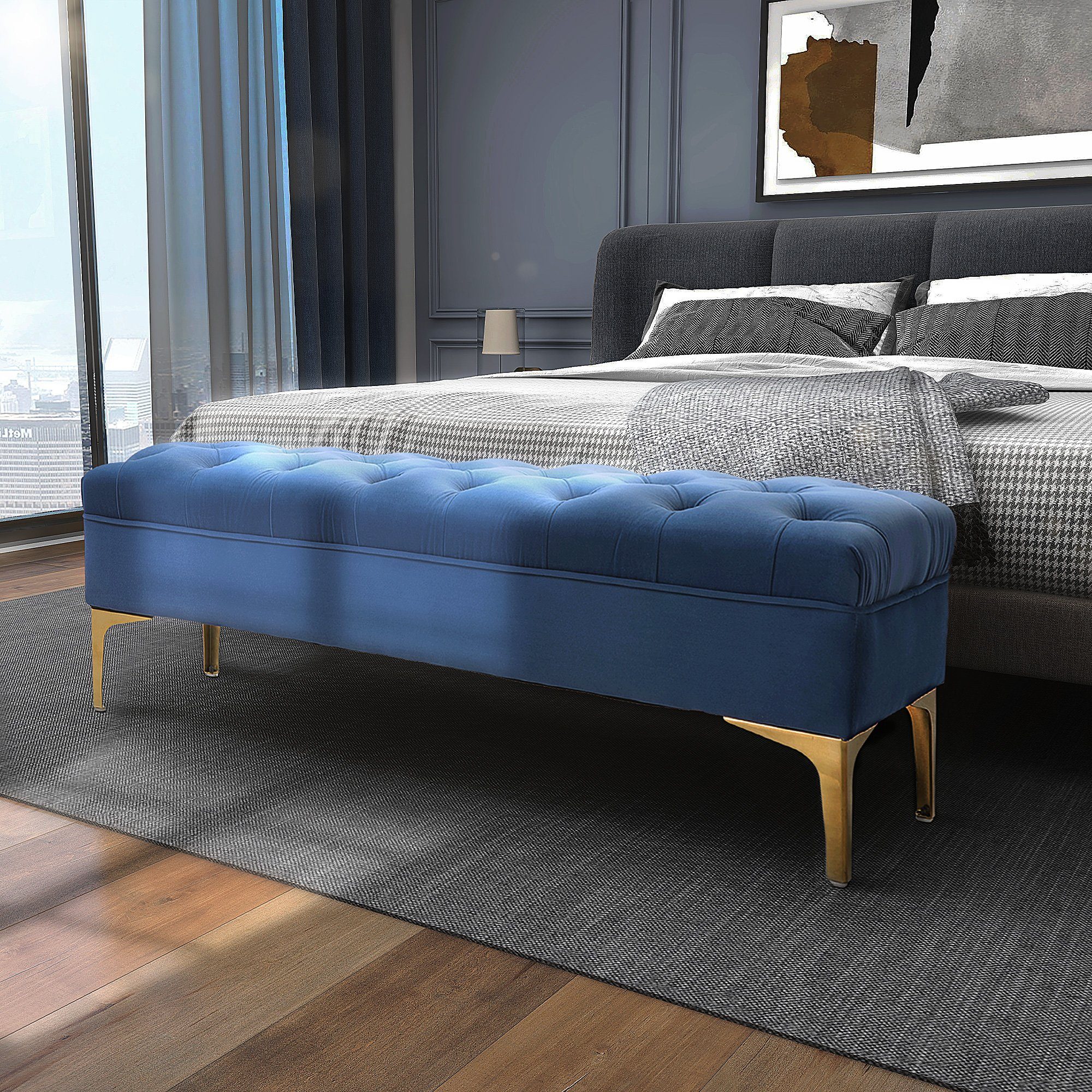 Beine Sitzbank | Polsterbank gold HOMCOM blau, mit gold erhöhten Schlafzimmer Blau 1-St., Sitzbank (Set, Bettbank Schuhbank Sitzottomane), Samt blau,