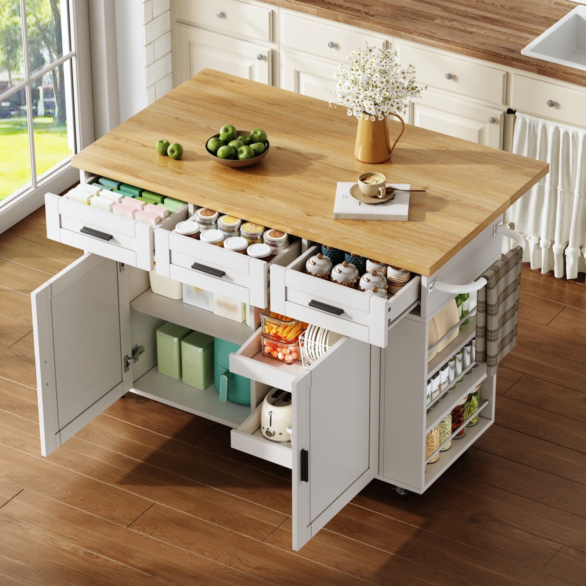 MODFU Kücheninsel 120×45(70)×84 cm Küchenmöbel mit Auszieh Arbeitsplatte, (Küchenwagen mit Stauraumfach Müllfach und praktischer Schublade), Rollwagen mit Steckdosen und flexiblem Schrank Organizer System